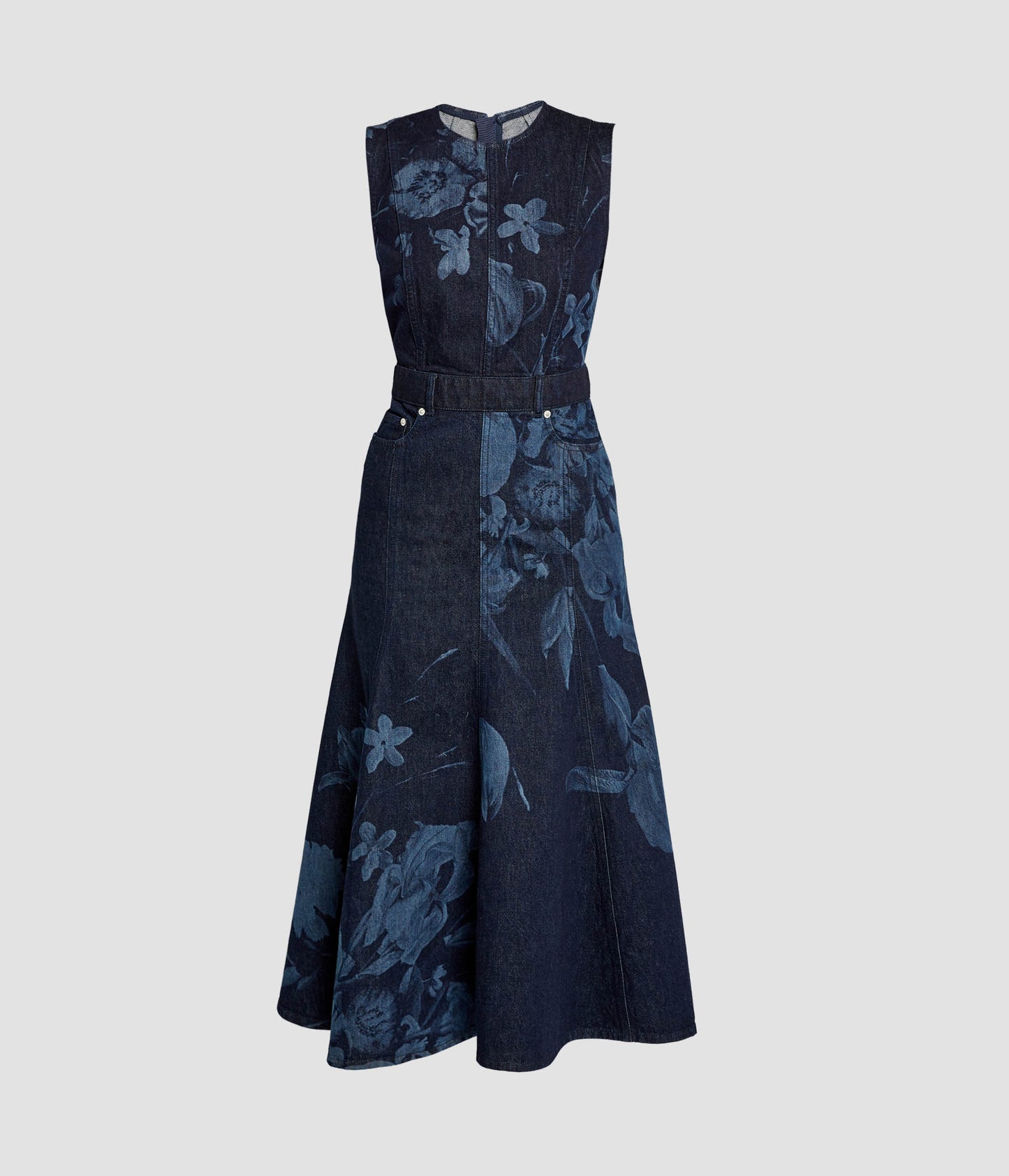 Denim Sleeveless Fluted Midi Dress