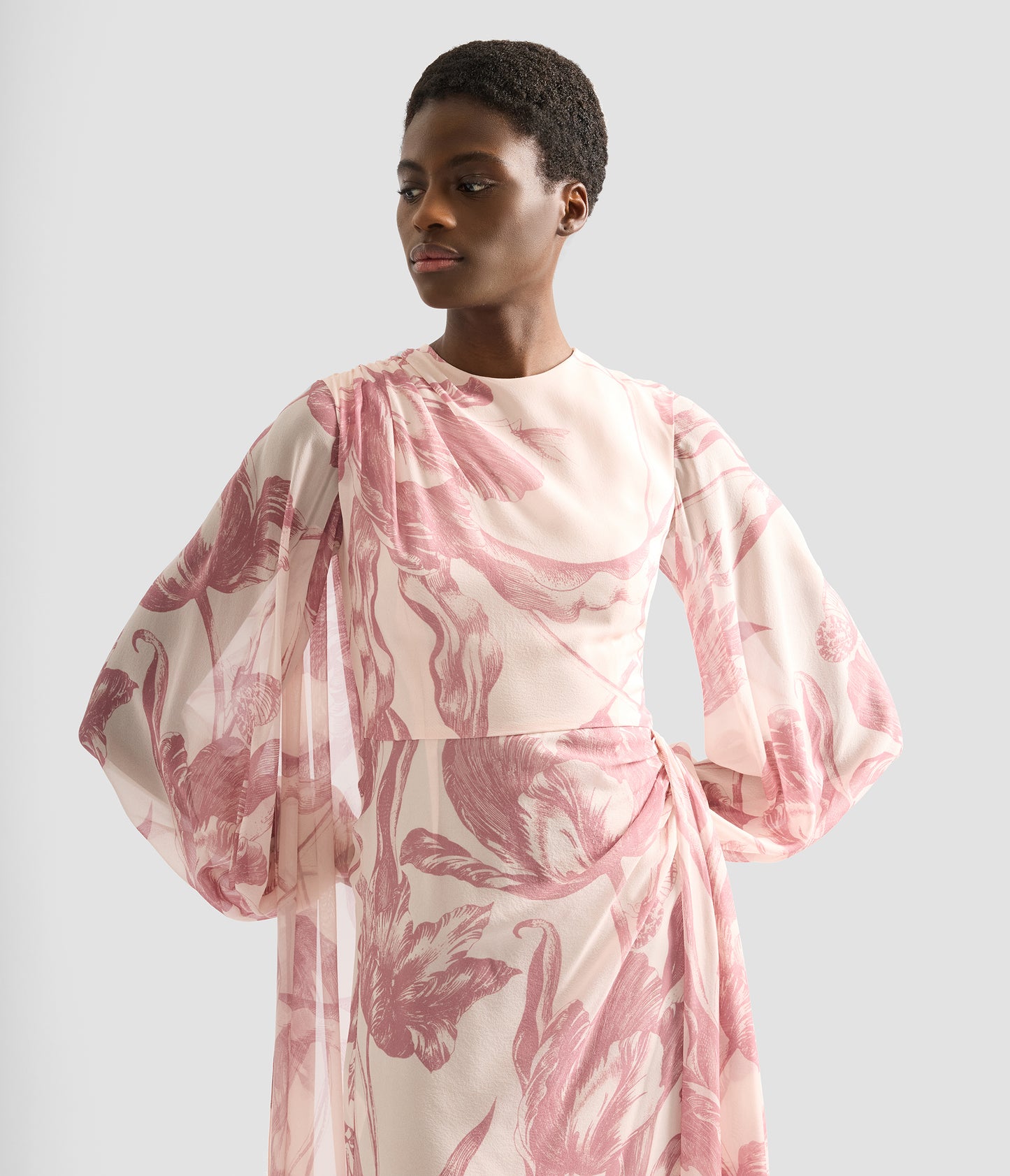 Draped Floral Print Silk Voile Gown