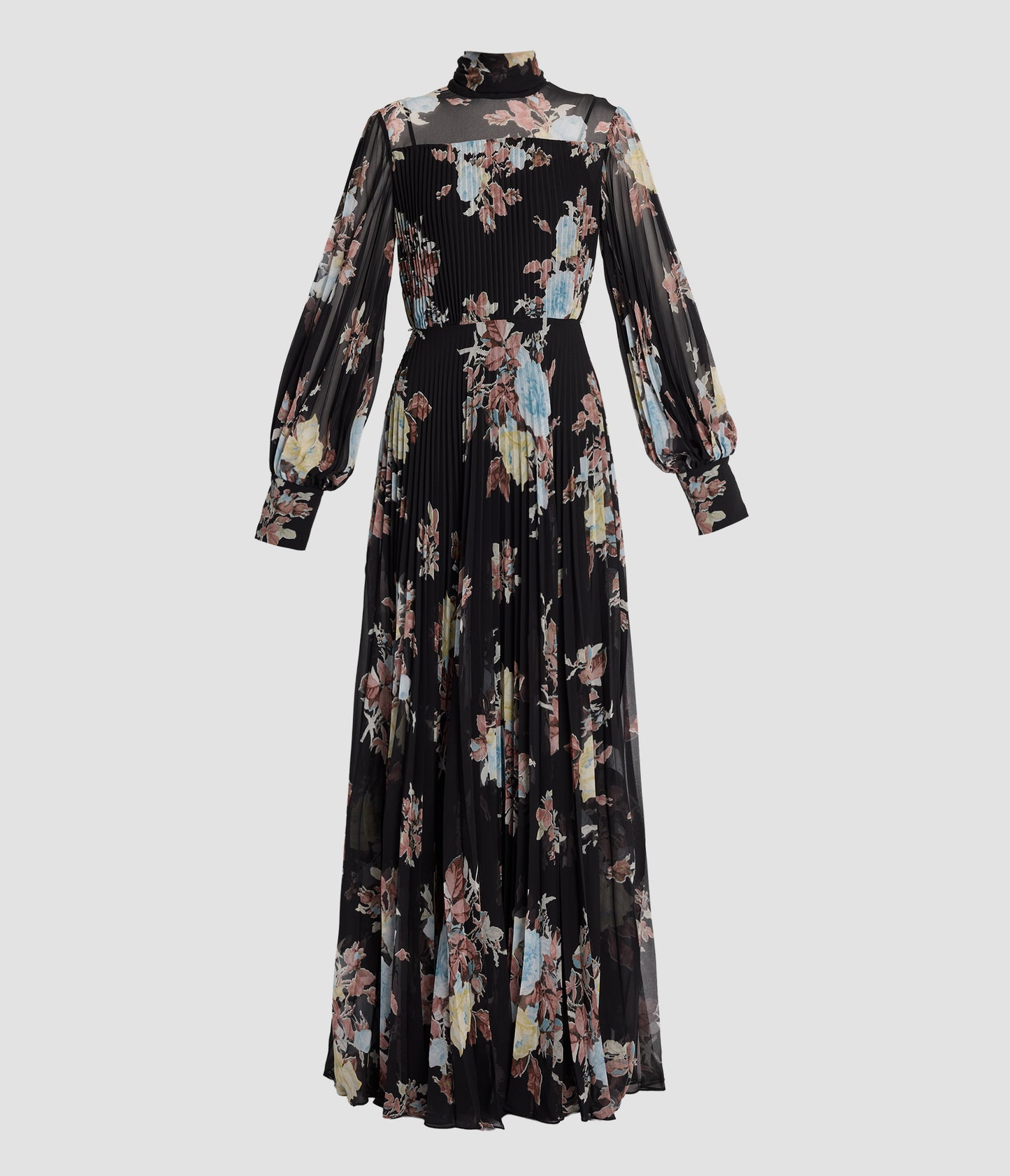 Floral Pleated Voile Long Sleeve Gown