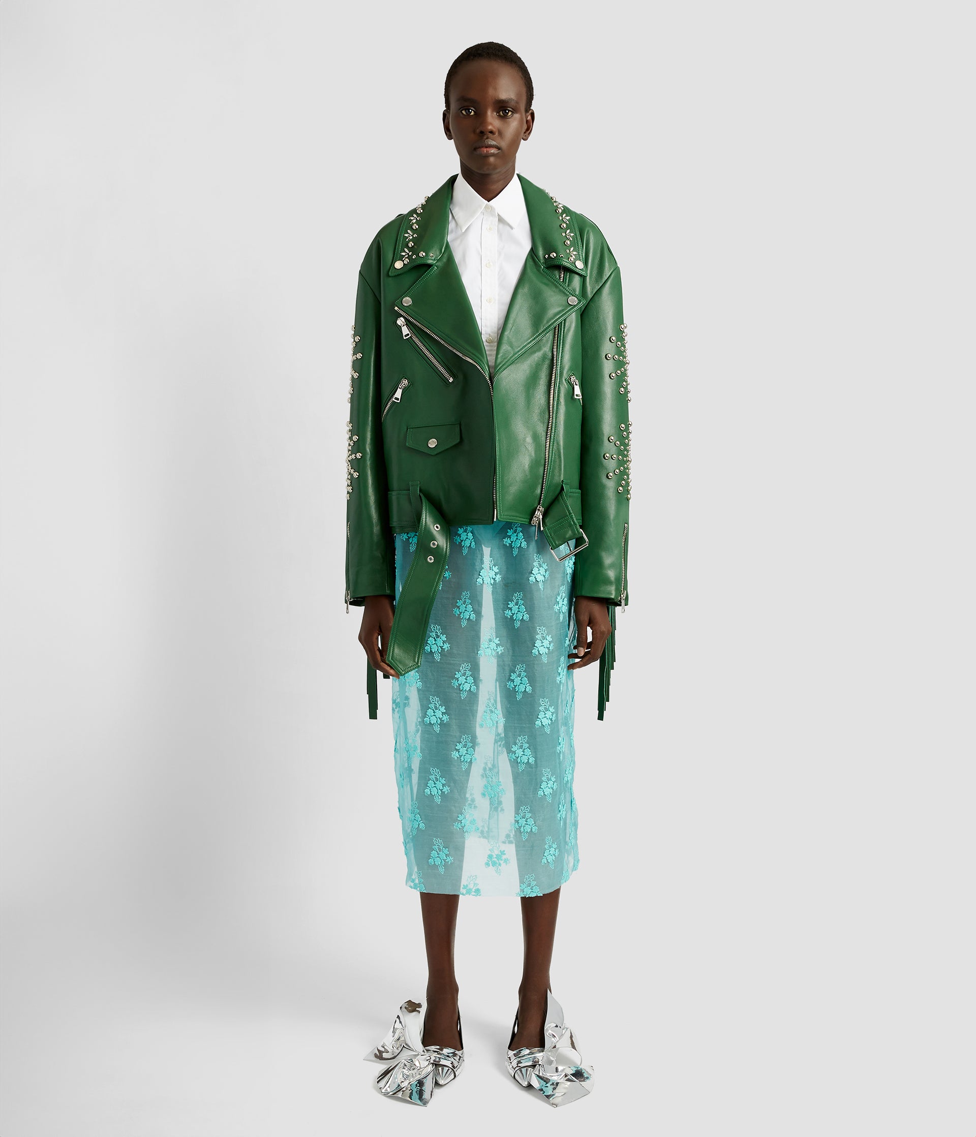 Green Leather Oversized Biker Jacket | ERDEM® Official Store