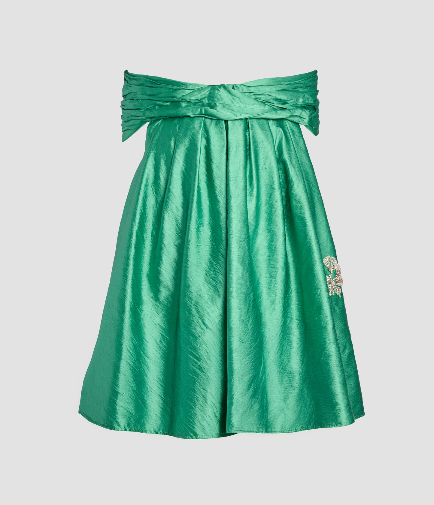 Embellished Textured Satin Off Shoulder Mini Dress