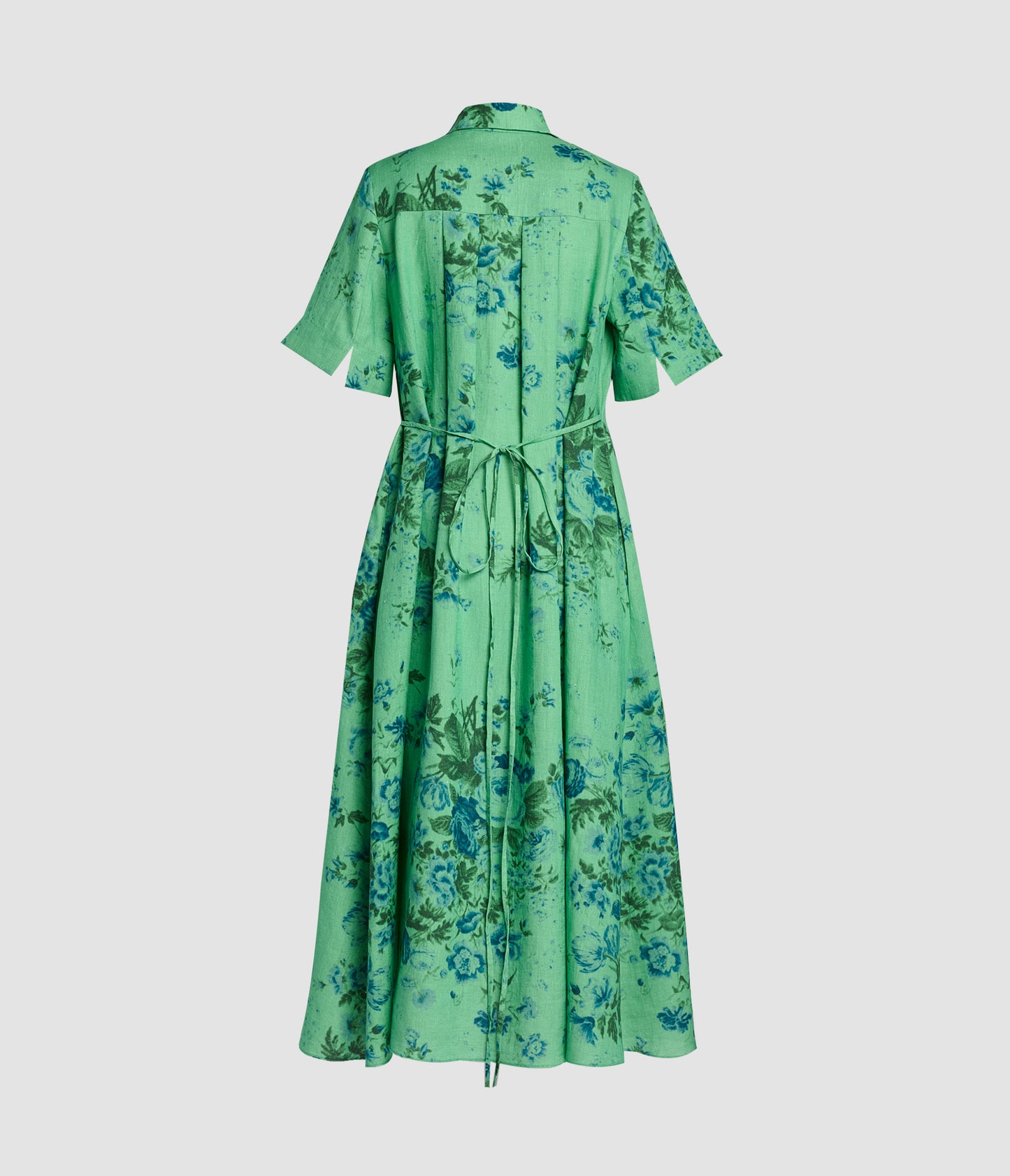 Floral Print Linen Tie-Waist Midi Shirt Dress