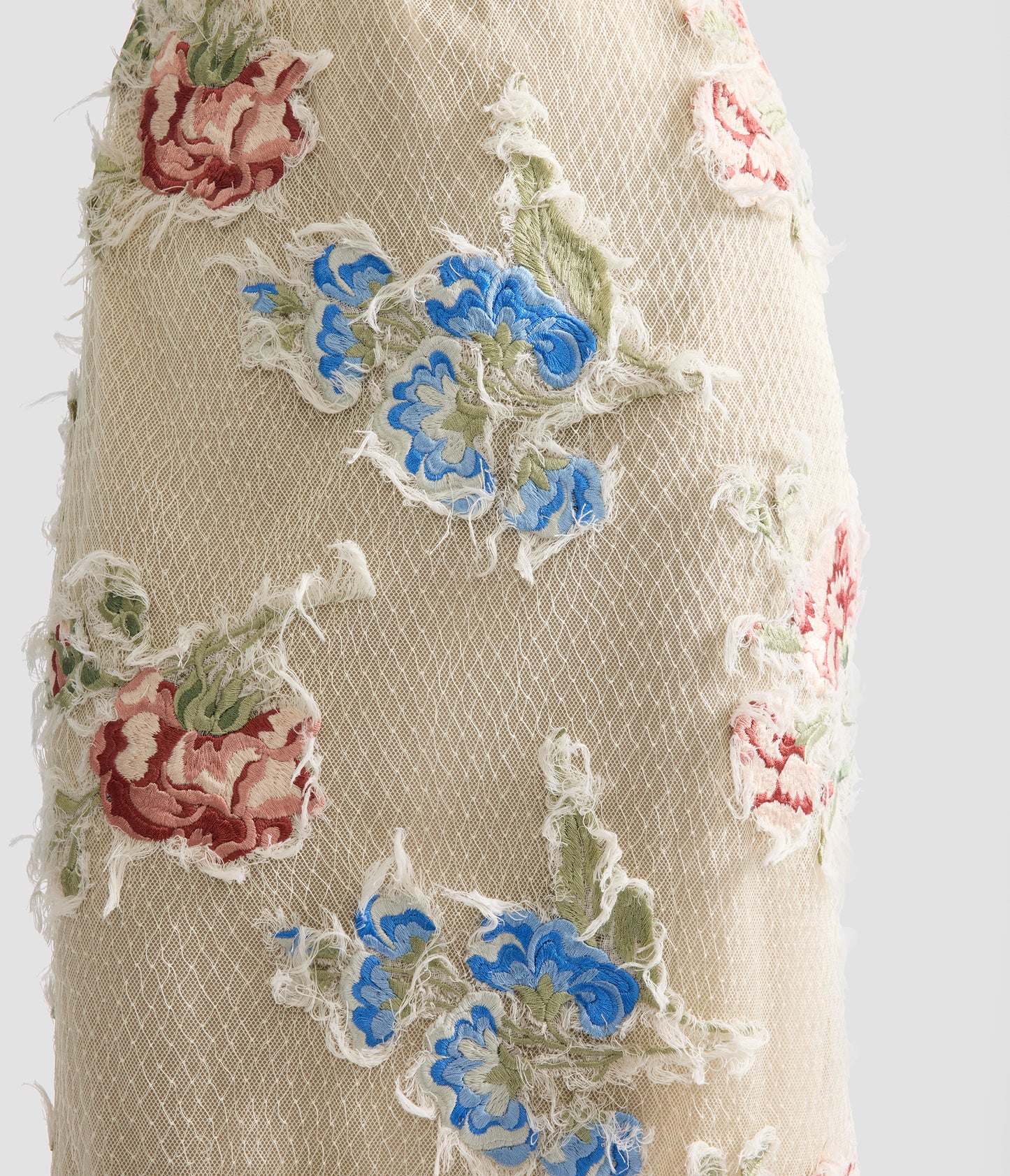 Embroidered Shredded Mesh Pencil Midi Dress