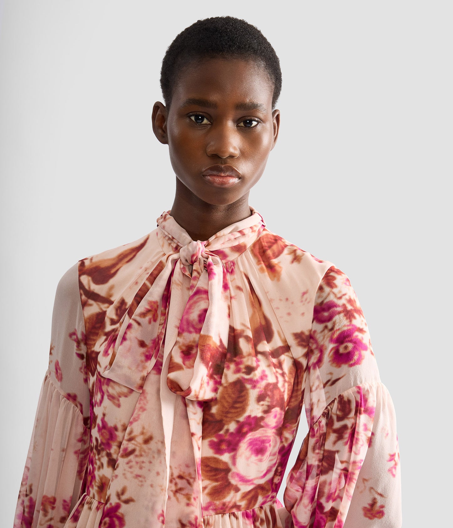 Floral Print Silk Voile Long Sleeve Gown