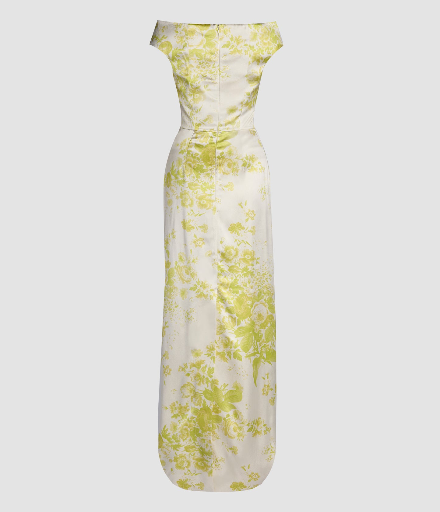 Floral Print Duchess Slashed Neckline Gown