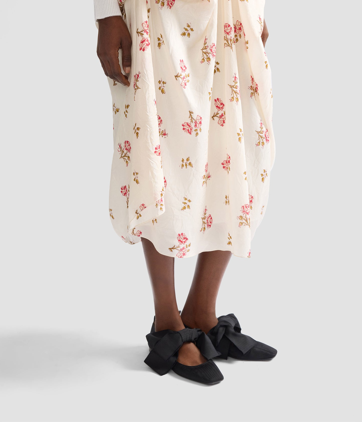 Floral Print Silk Draped Midi Skirt
