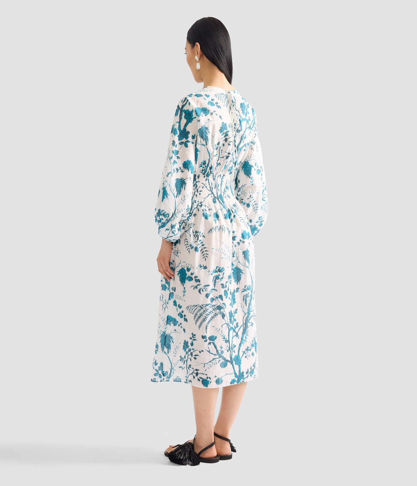 Botanical Print Cotton Linen Midi Dress