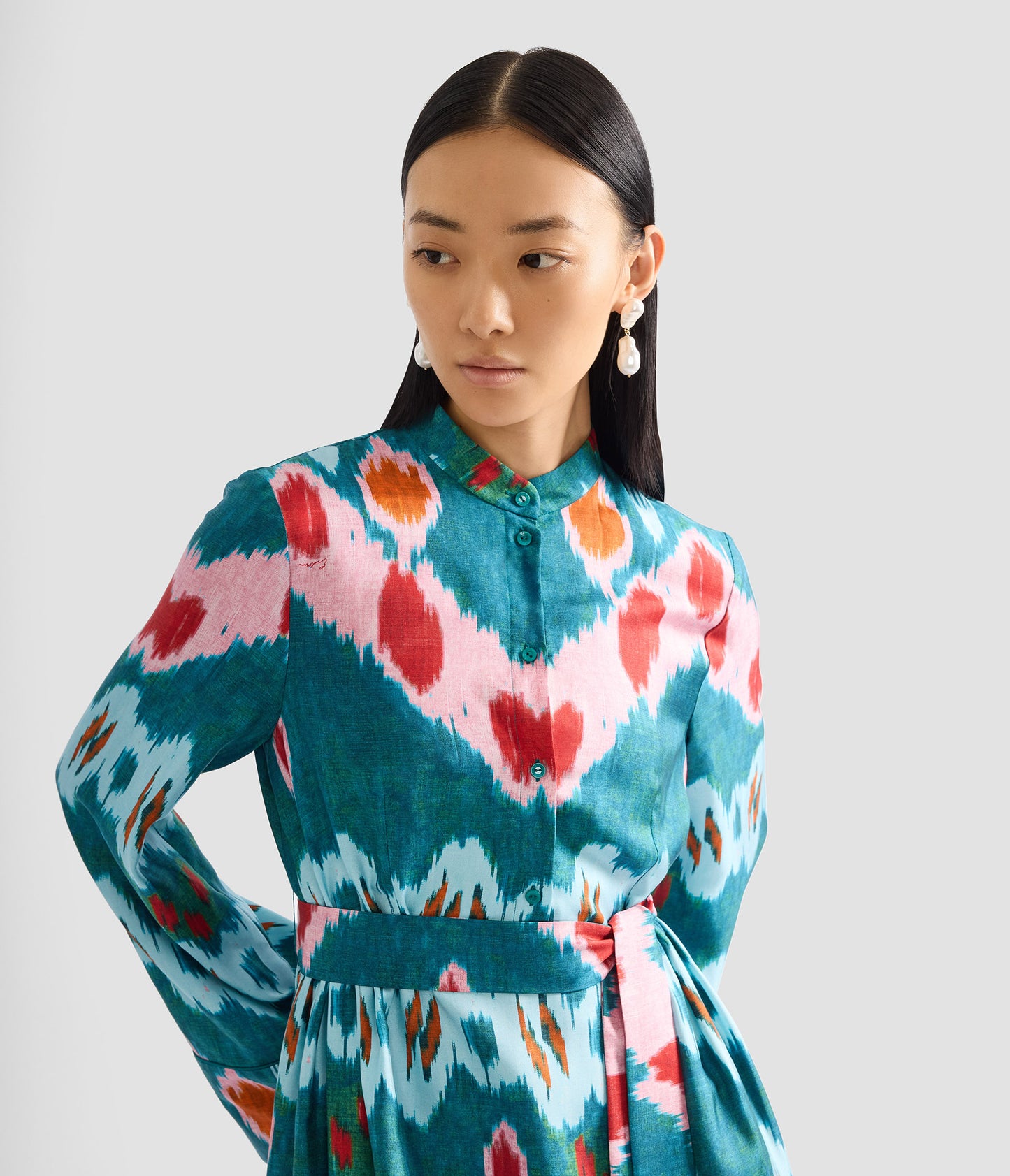 Ikat Print Silk Twill Midi Dress