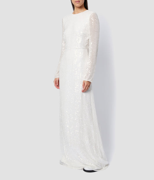 Yoanna wedding dress by designer ERDEM. Sequin wedding dress with long sleeves, high neck and slim floor-length skirt, perfect for your wedding day. 