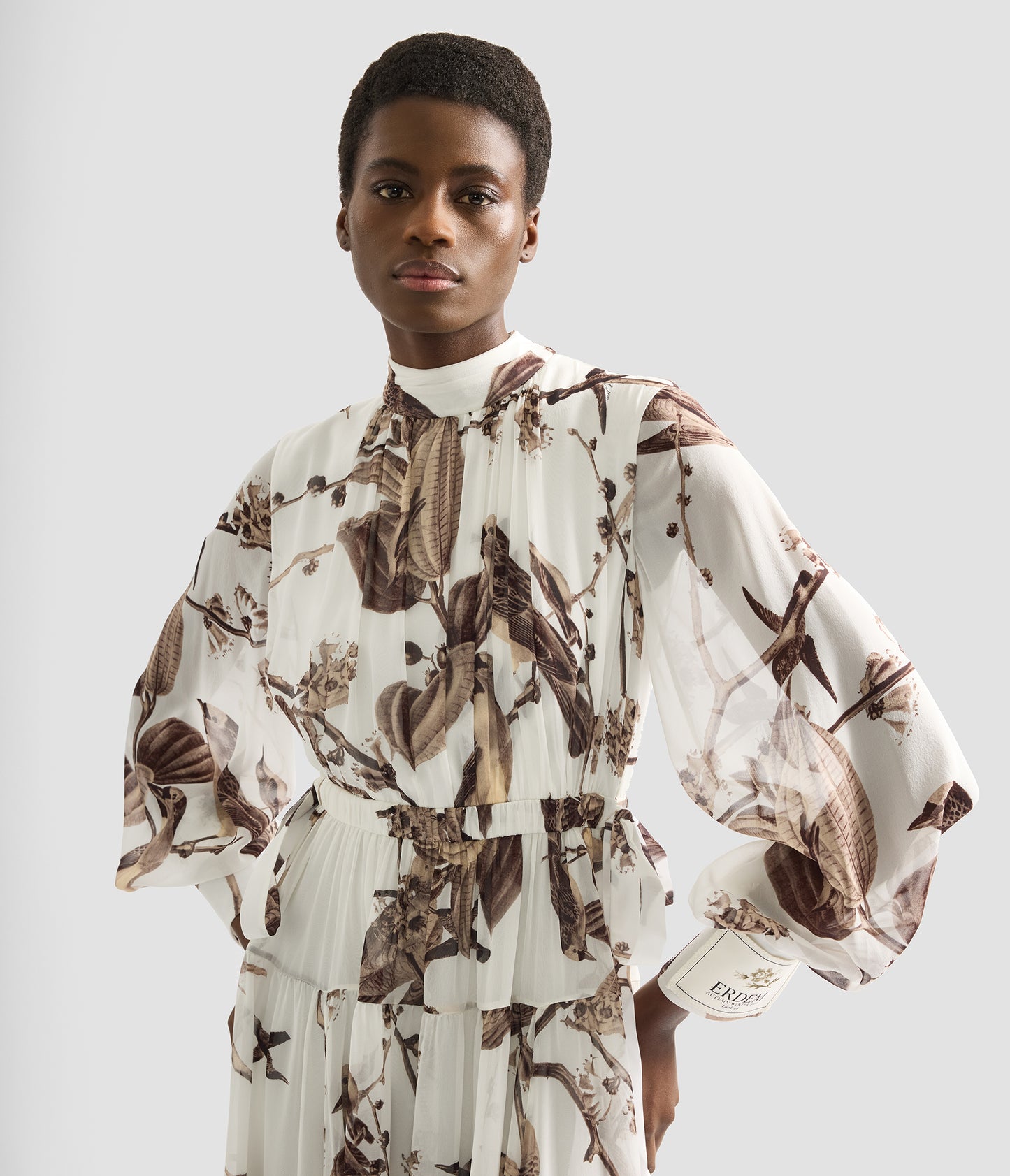 Printed Silk Voile Long Sleeve Gown