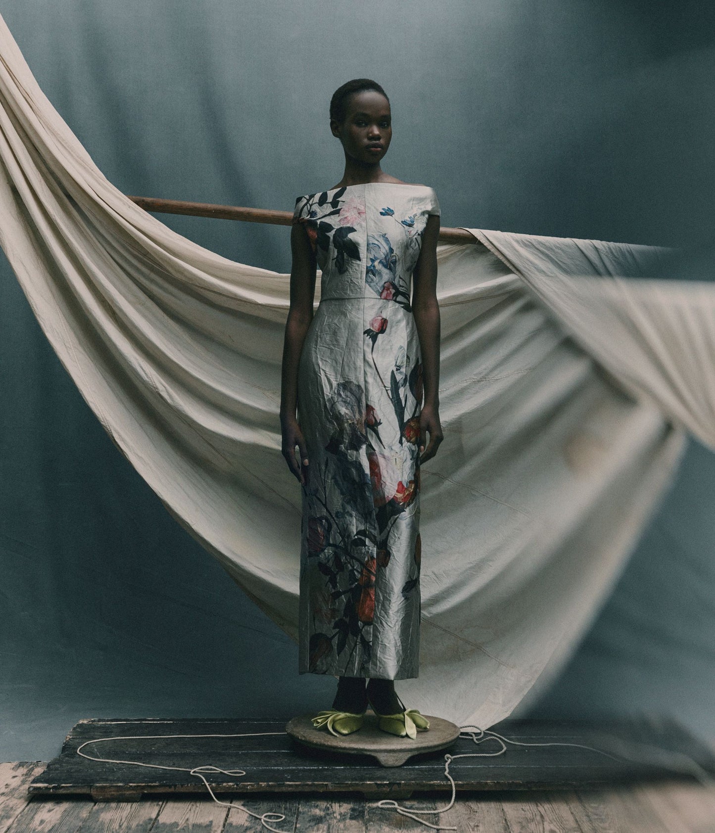 Floral Print Textured Satin Off-The-Shoulder Gown