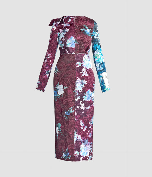 Floral Print Textured Satin Midi Dress