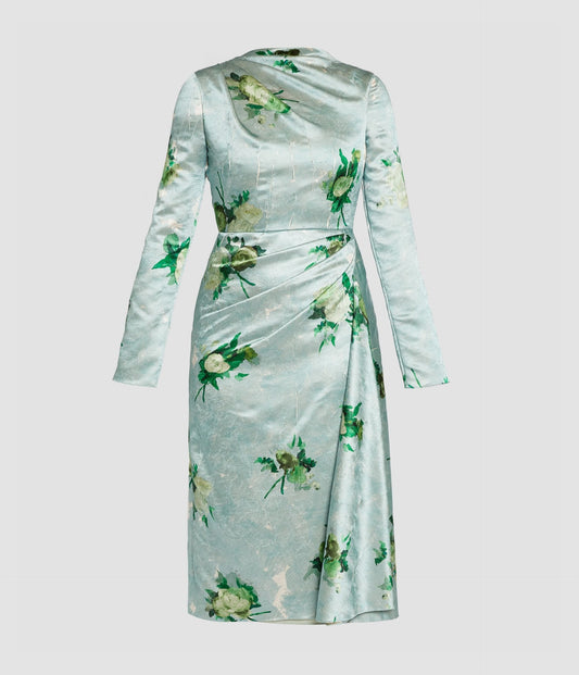 Floral Print Crushed Satin Draped Midi Dress
