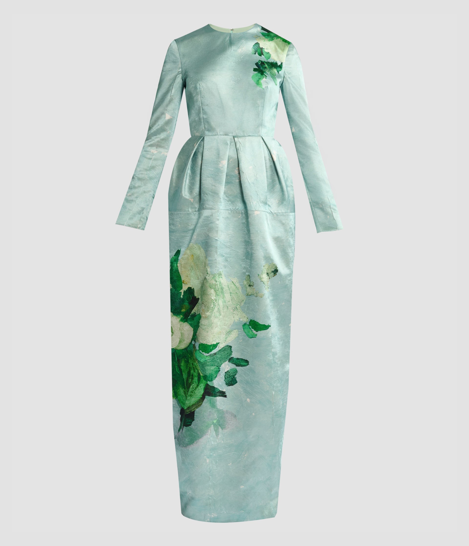 Floral Print Crushed Satin Long Sleeve Gown