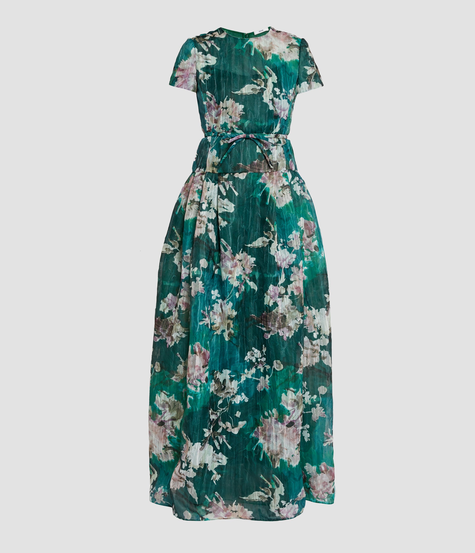 Floral Print Crushed Organza Drop Waist Gown