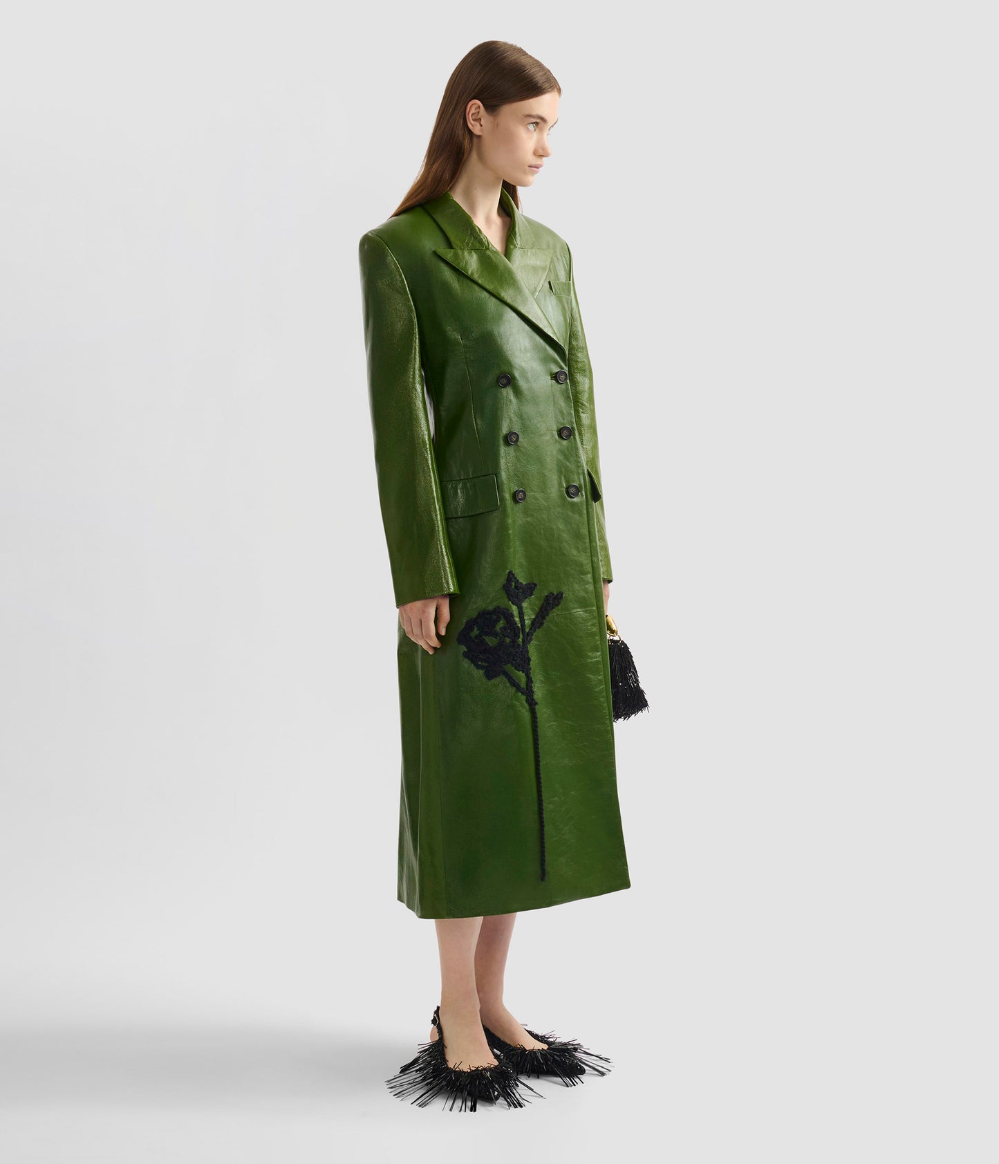 Embellished Double Breasted Leather Coat