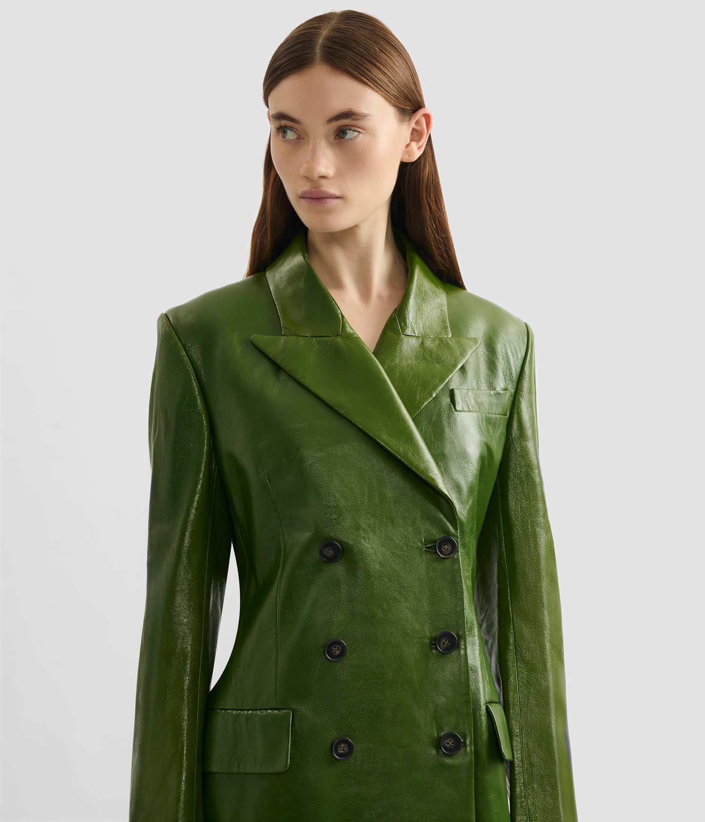 Embellished Double Breasted Leather Coat