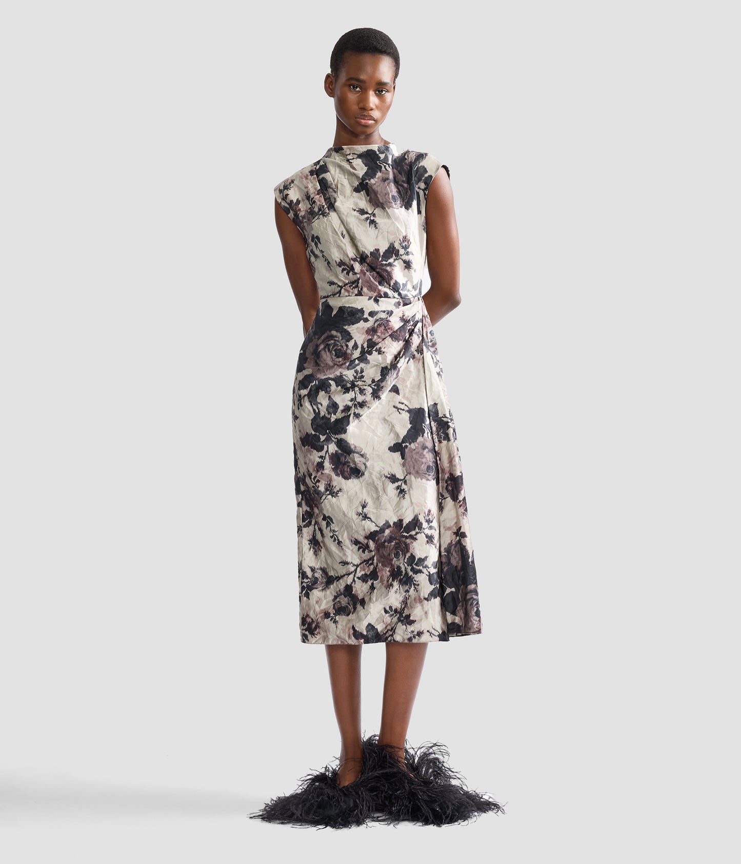 Floral Textured Satin Draped Midi Dress