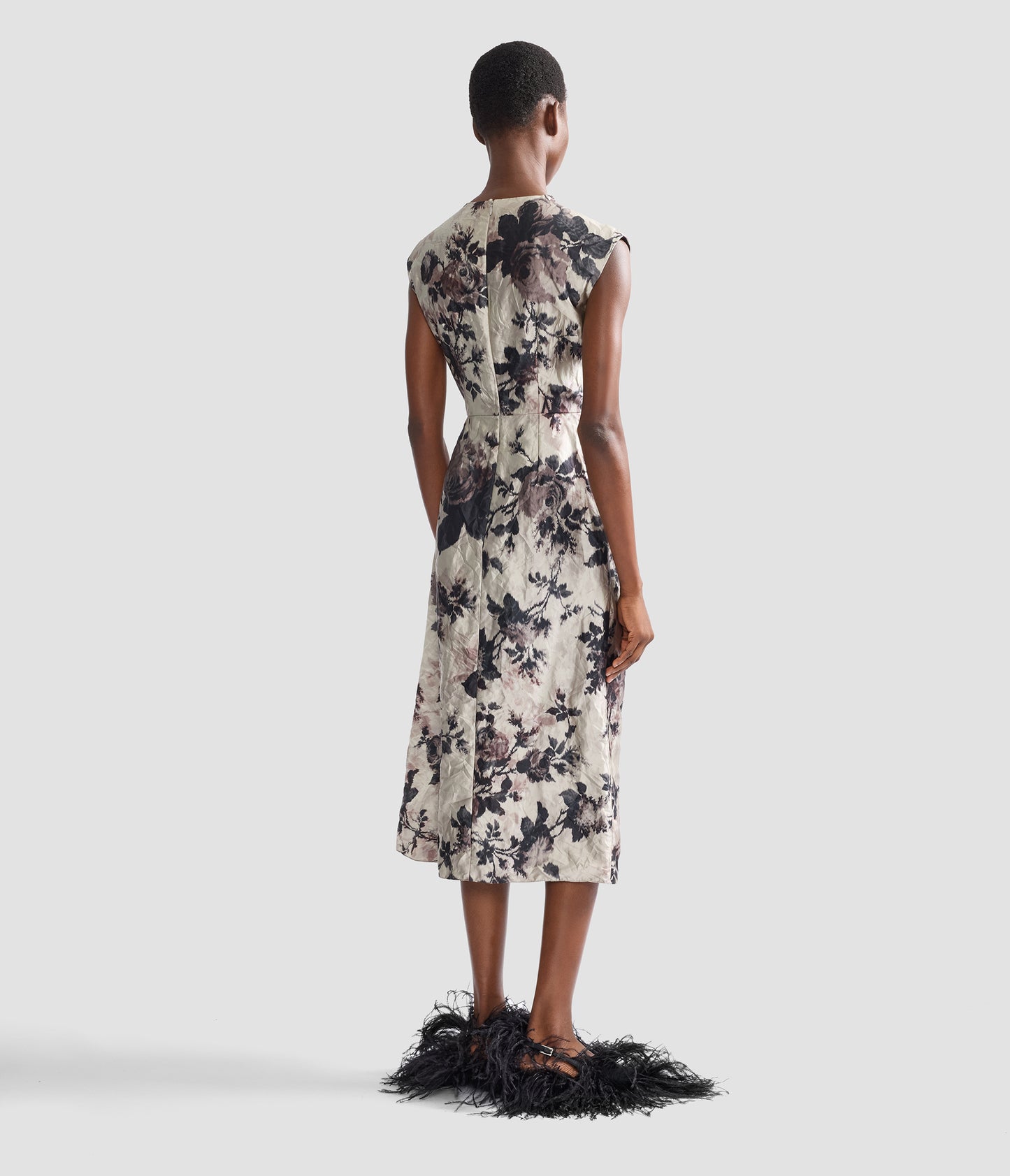 Floral Textured Satin Draped Midi Dress