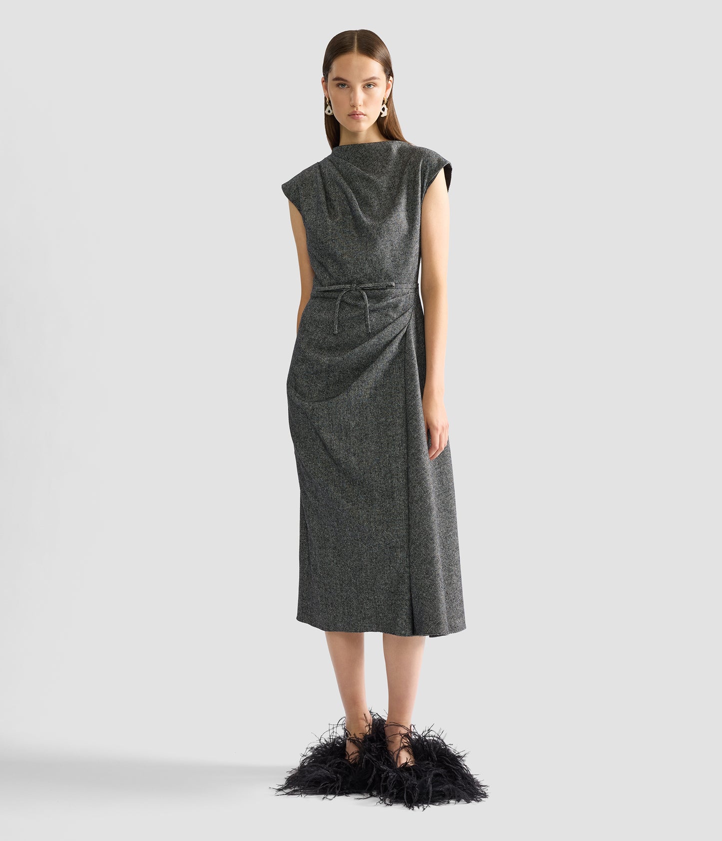 Herringbone Draped Midi Dress