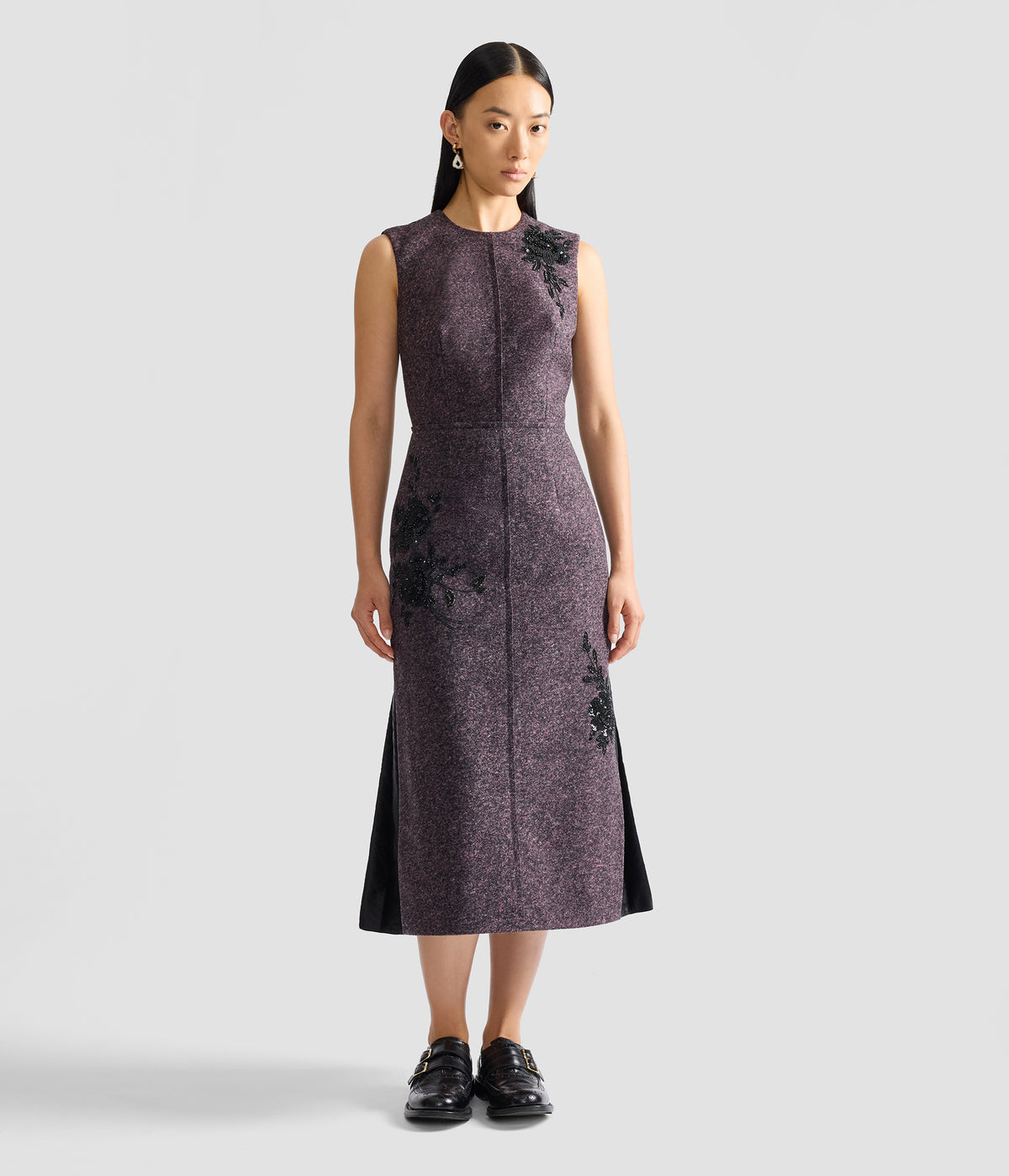 Floral Embroidered Wool Sleeveless Midi Dress