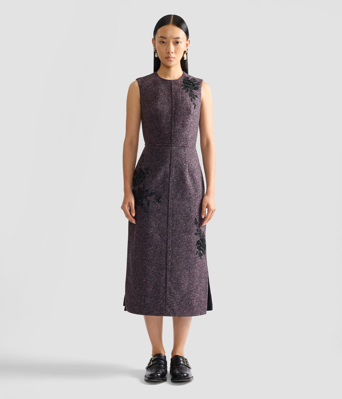 Floral Embroidered Wool Sleeveless Midi Dress