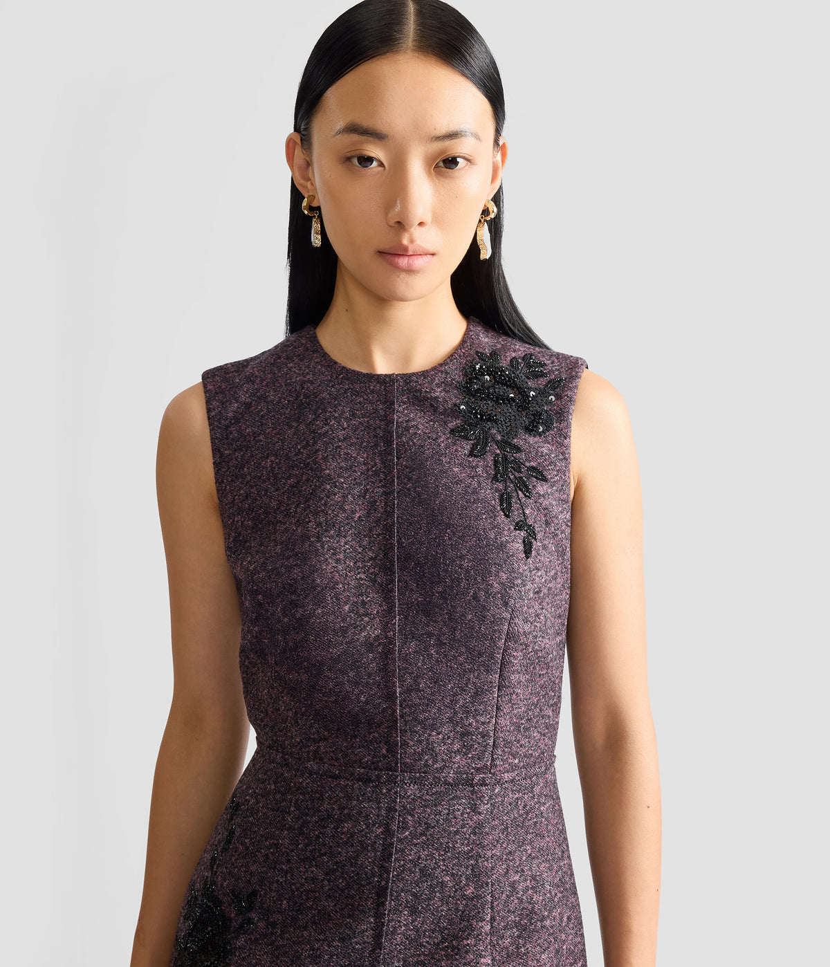Floral Embroidered Wool Sleeveless Midi Dress