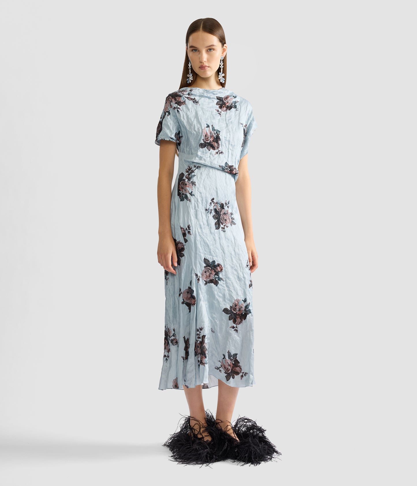 Floral Crushed Satin Asymmetric Midi Dress