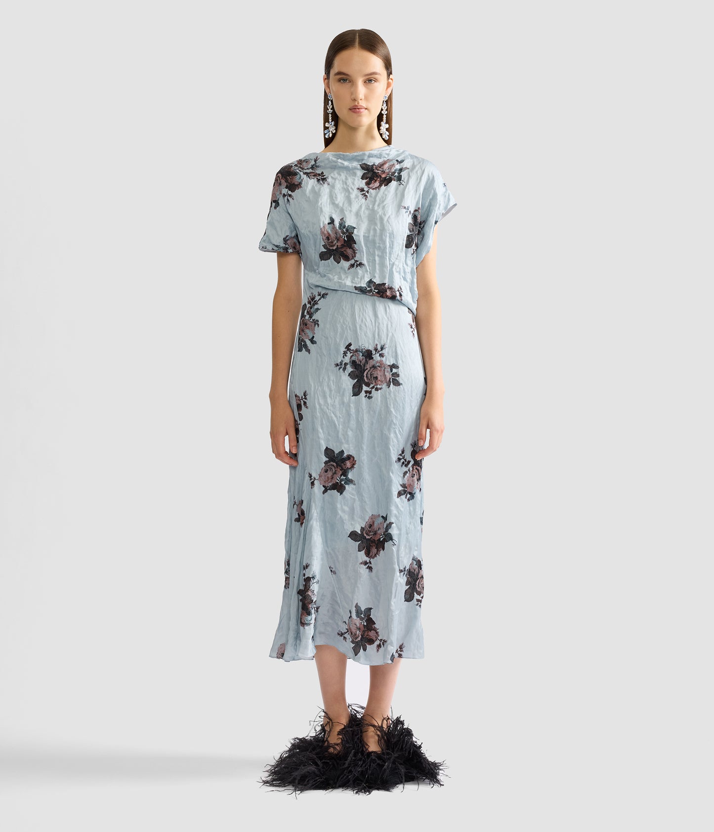 Floral Crushed Satin Asymmetric Midi Dress