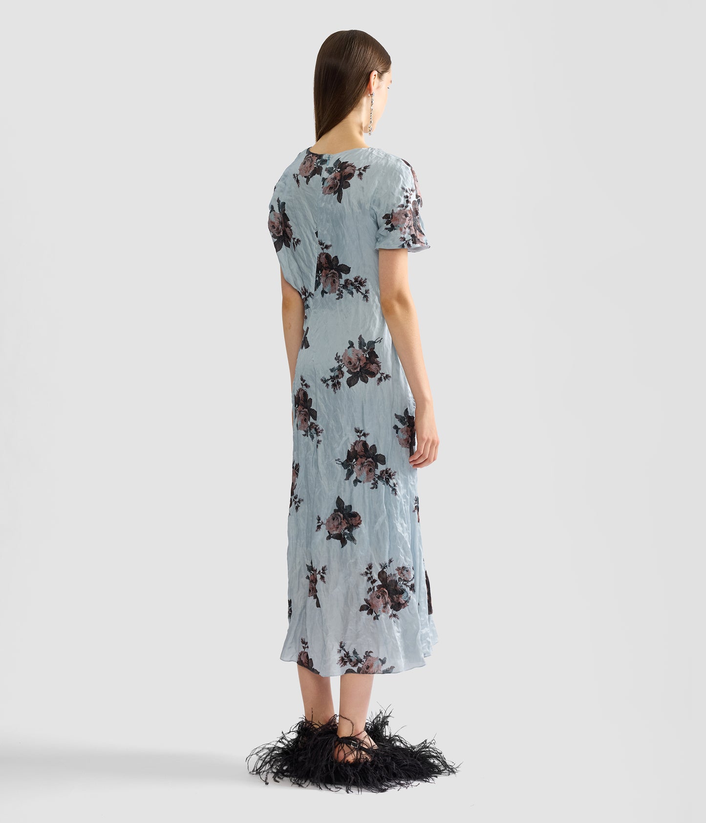 Floral Crushed Satin Asymmetric Midi Dress