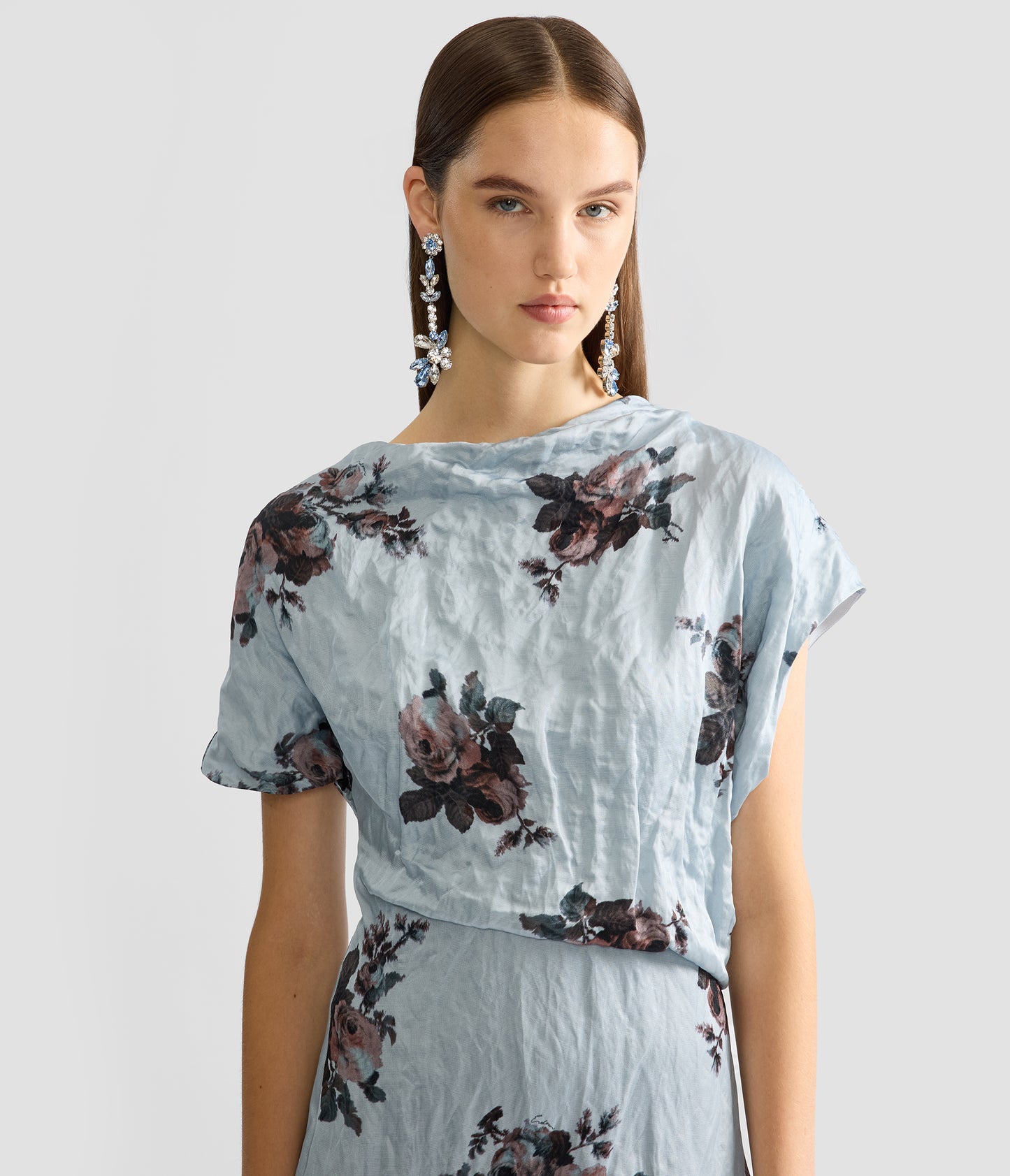 Floral Crushed Satin Asymmetric Midi Dress