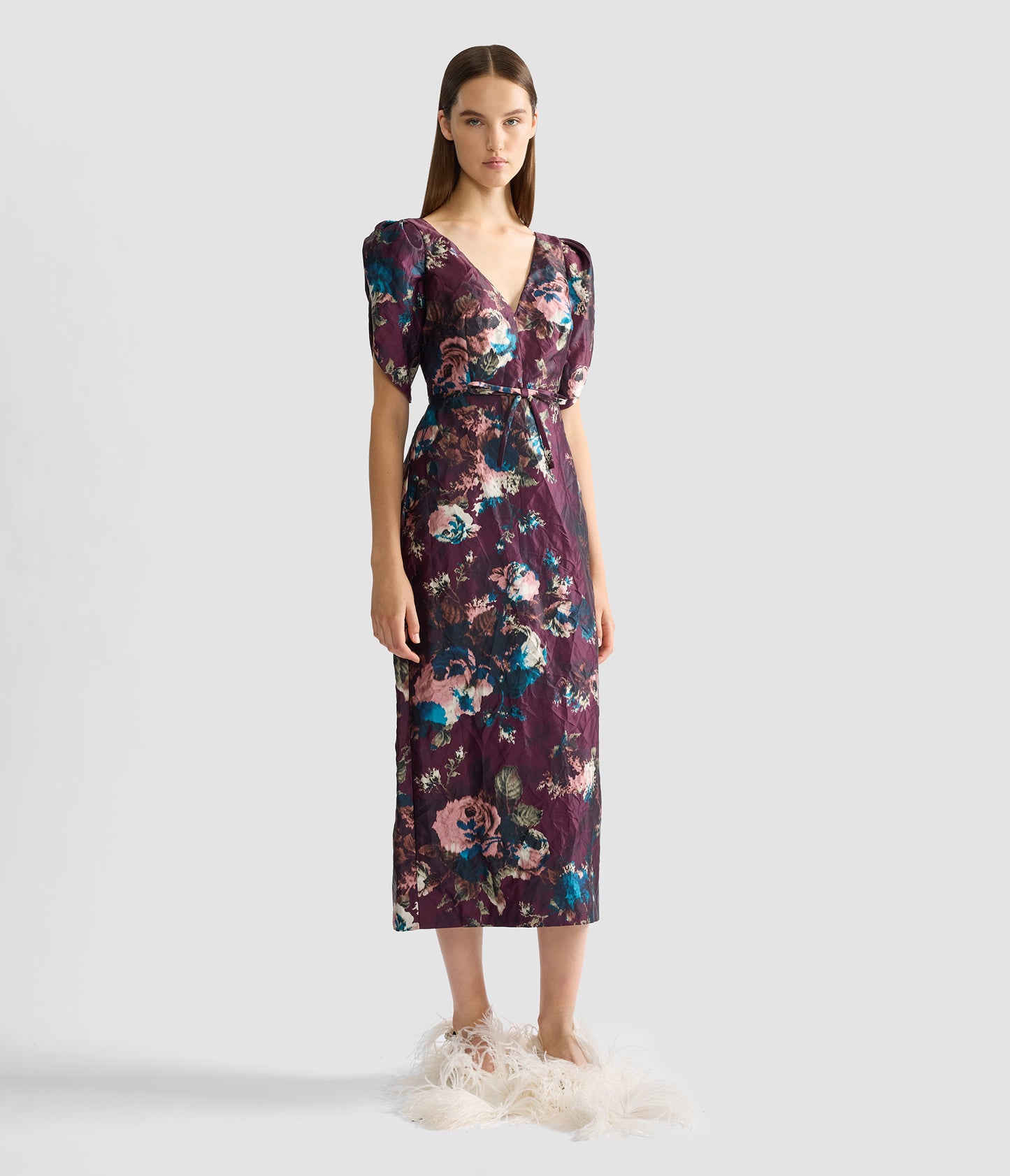 Floral Textured Satin Midi Dress