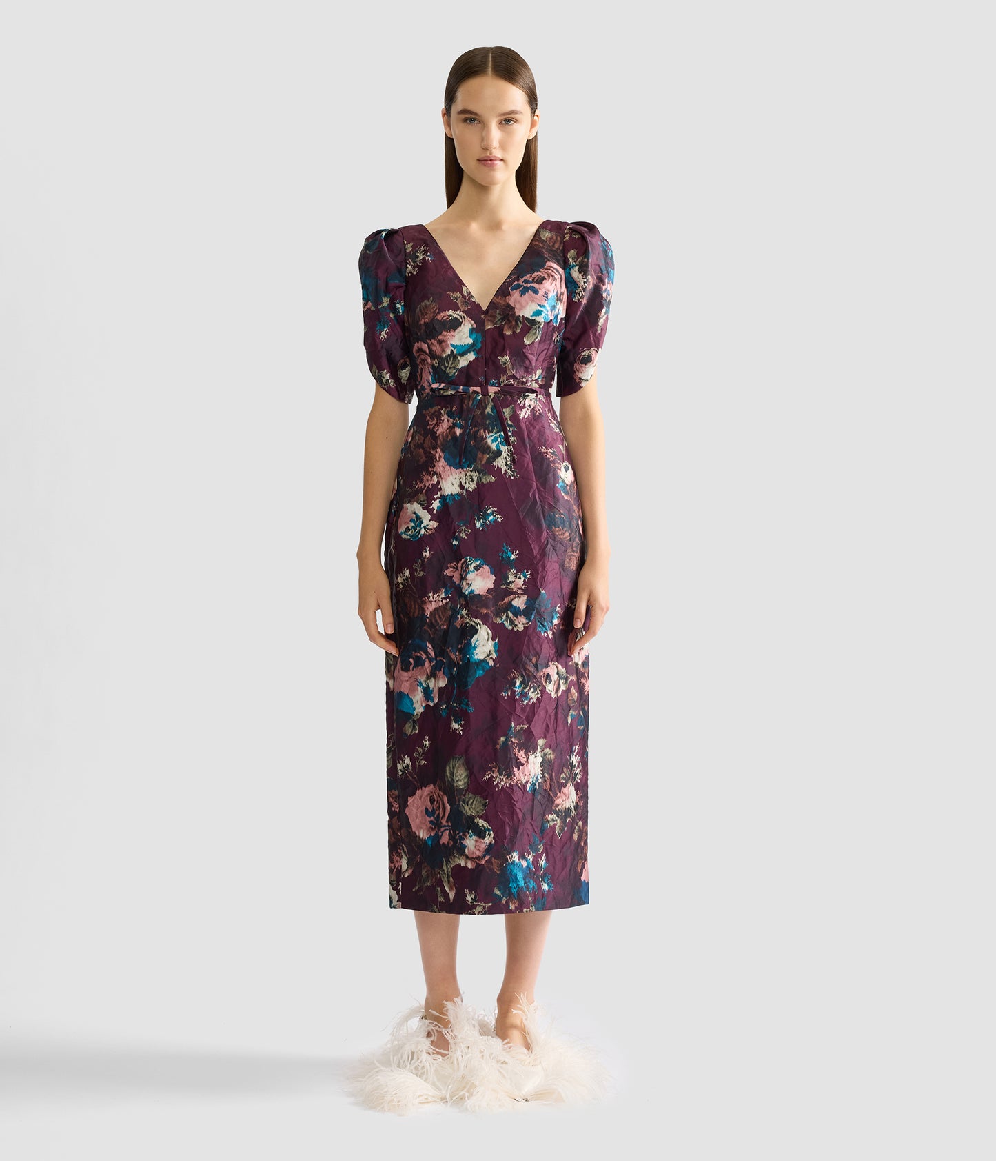 Floral Textured Satin Midi Dress