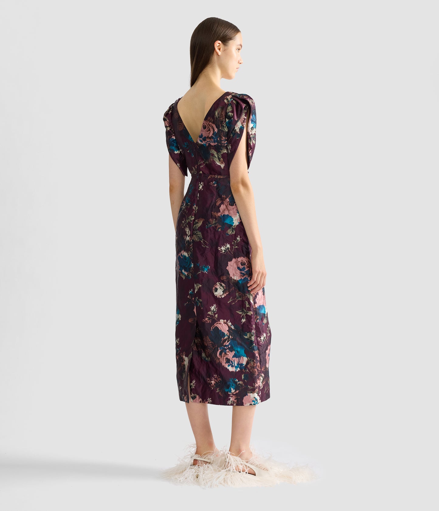 Floral Textured Satin Midi Dress