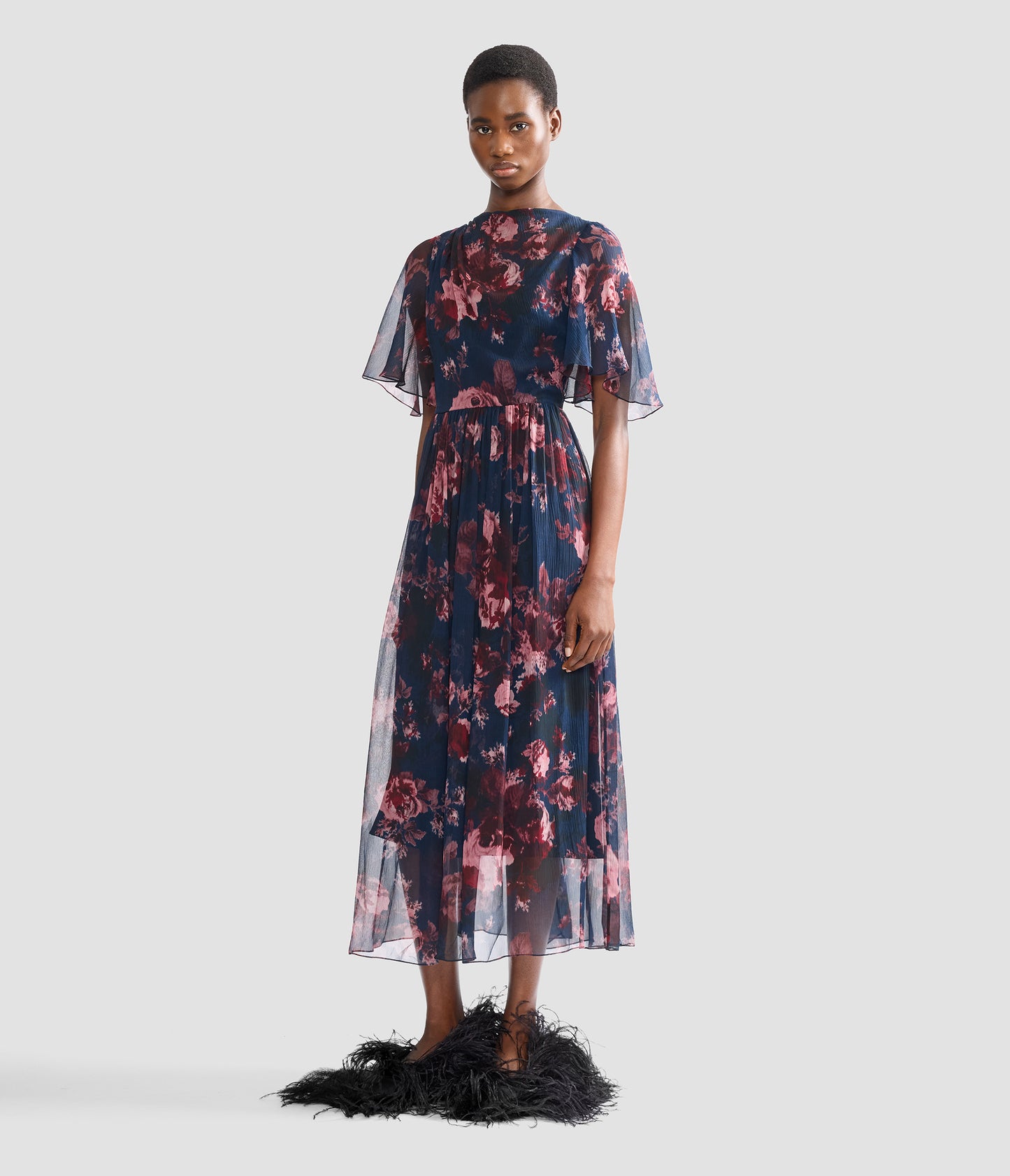 Floral Silk Creponne Short Sleeve Midi Dress