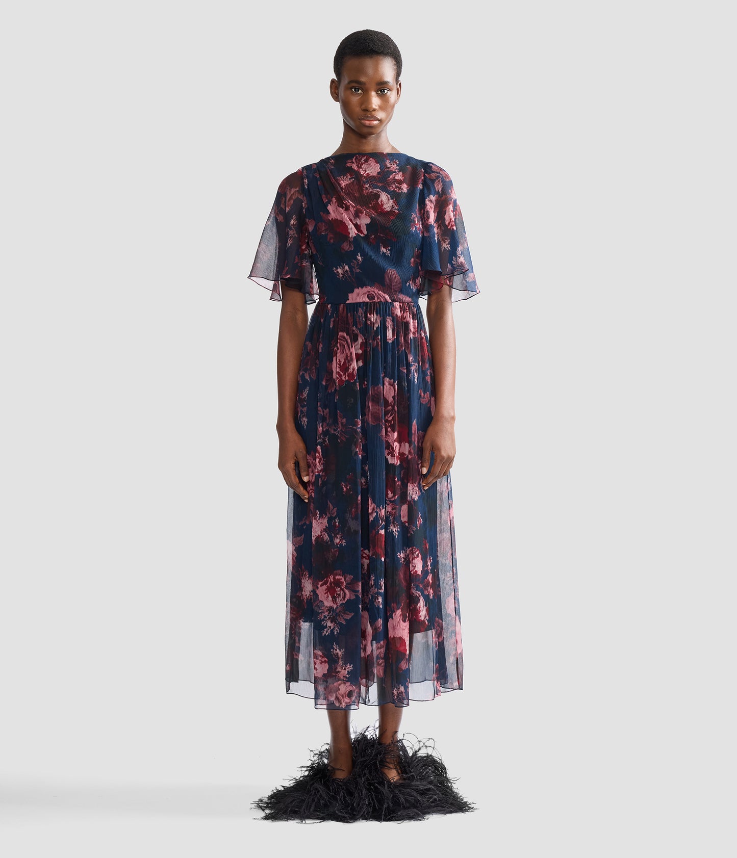 Floral Silk Creponne Short Sleeve Midi Dress