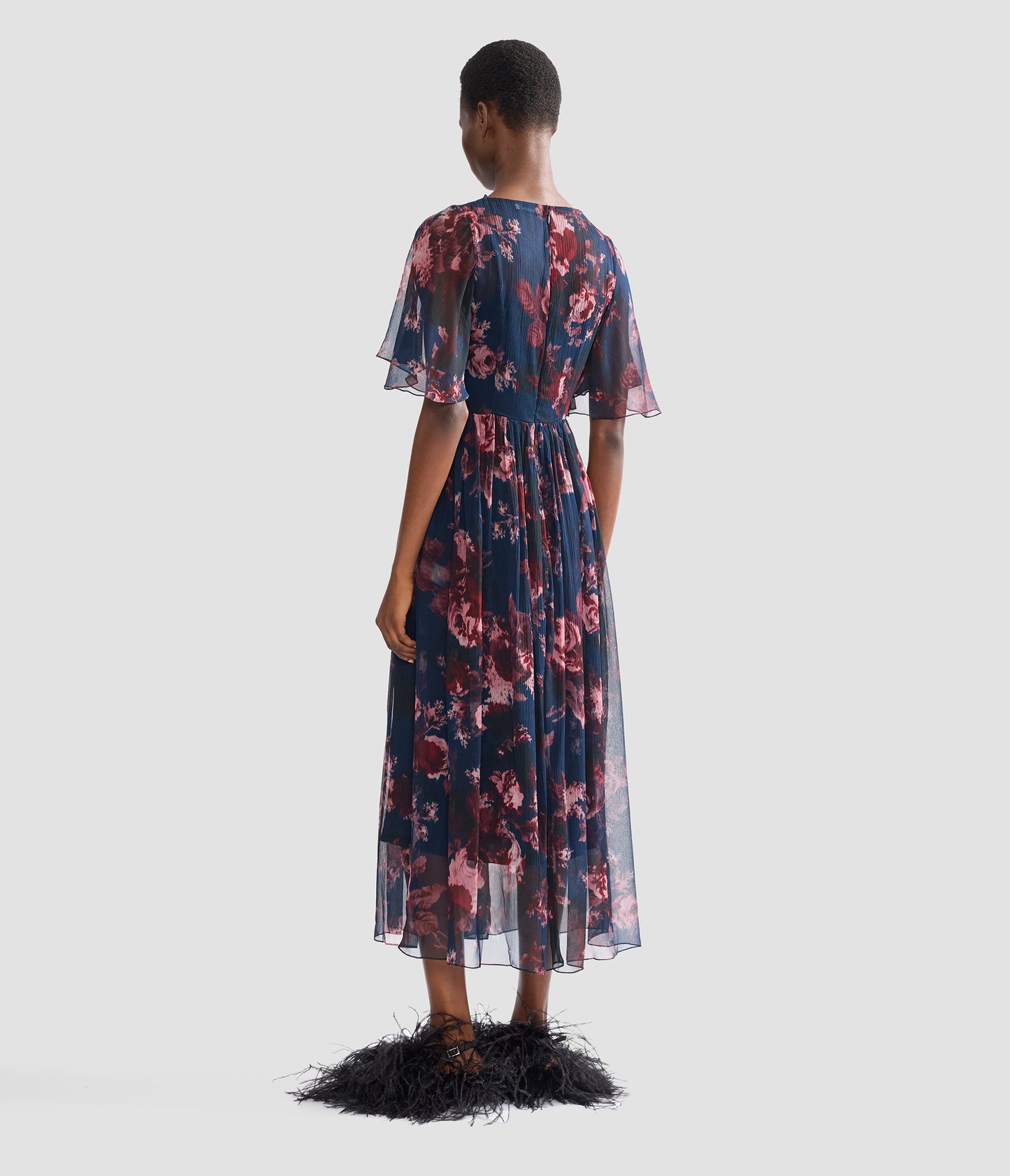 Floral Silk Creponne Short Sleeve Midi Dress