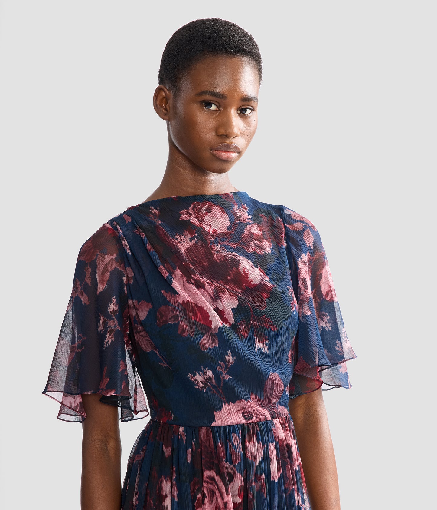 Floral Silk Creponne Short Sleeve Midi Dress