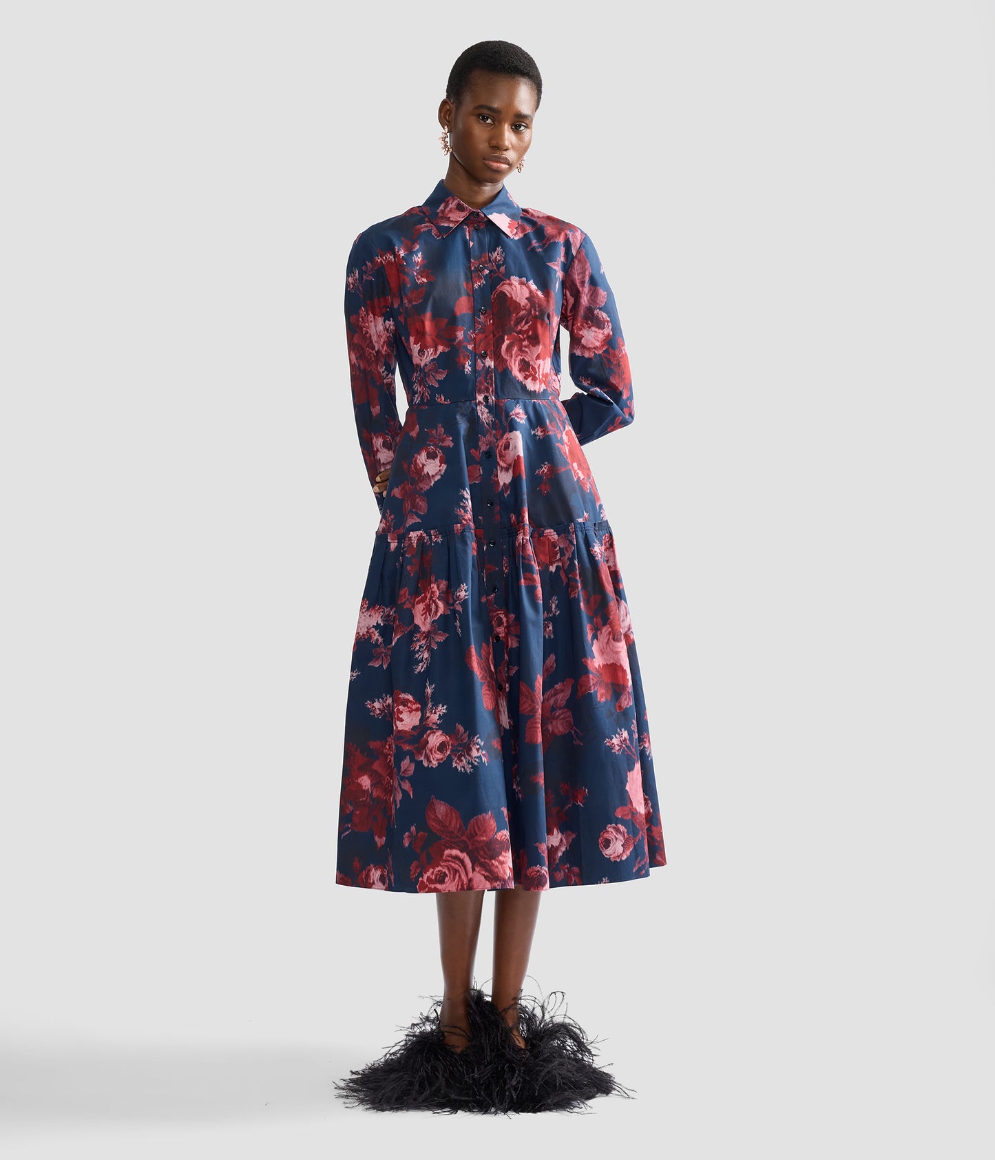 Floral Cotton Draped Long Sleeve Shirt Dress