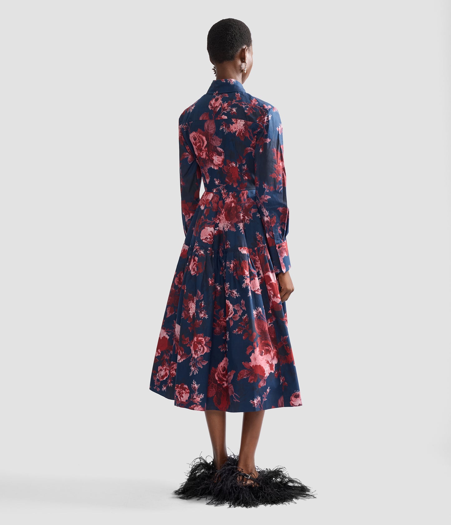 Floral Cotton Draped Long Sleeve Shirt Dress