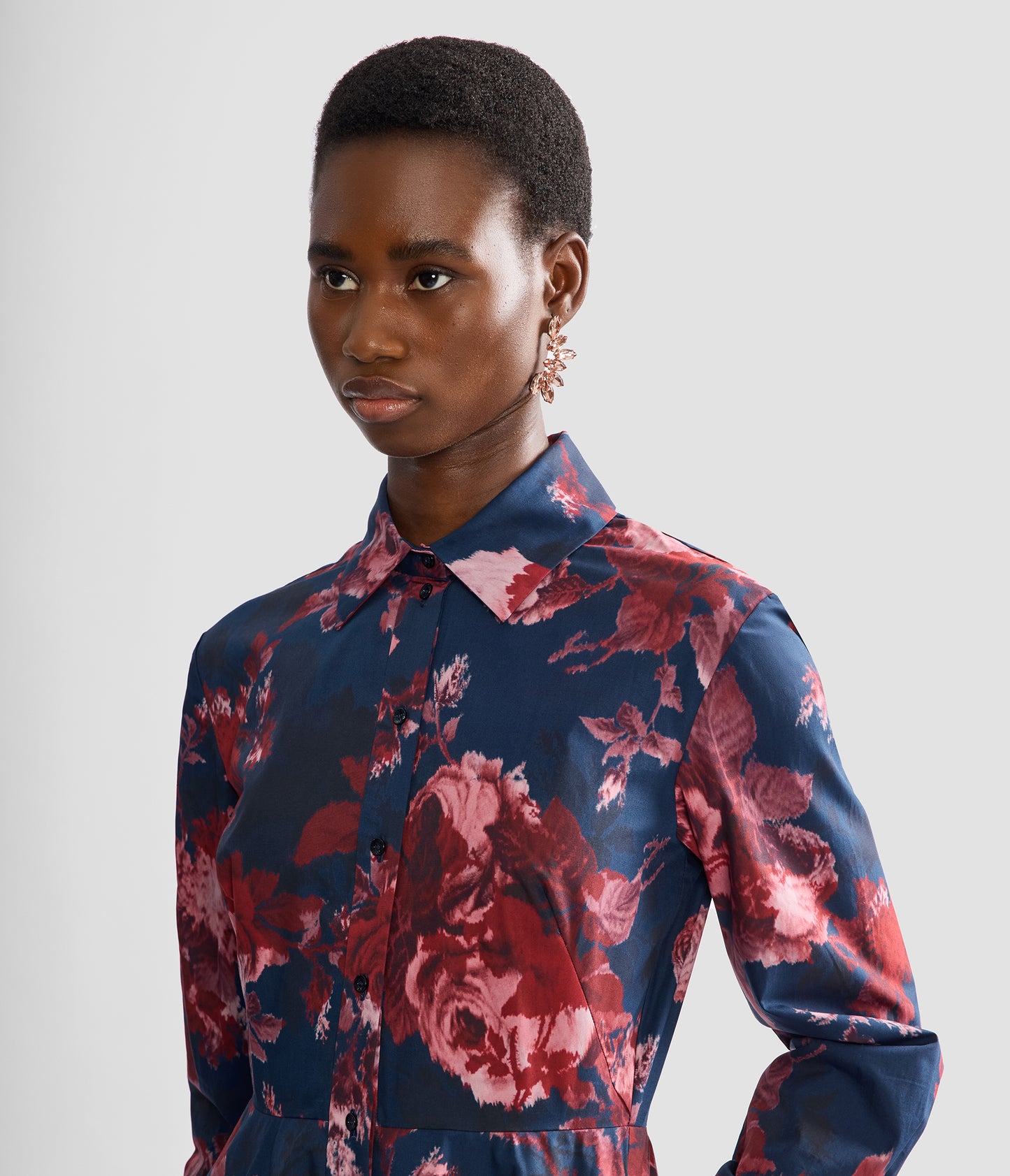 Floral Cotton Draped Long Sleeve Shirt Dress