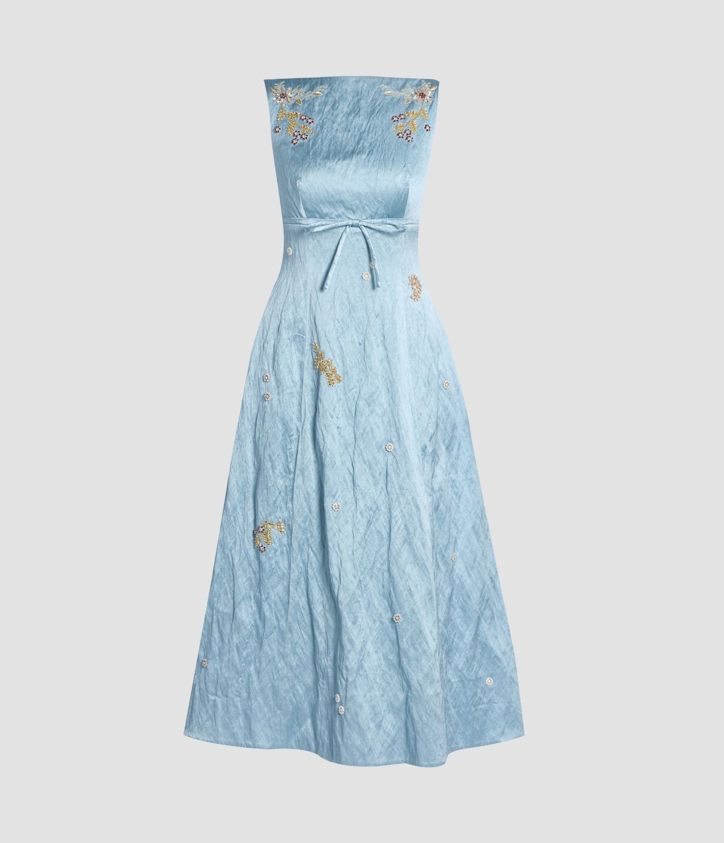 Embroidered Textured Satin Sleeveless Midi Dress