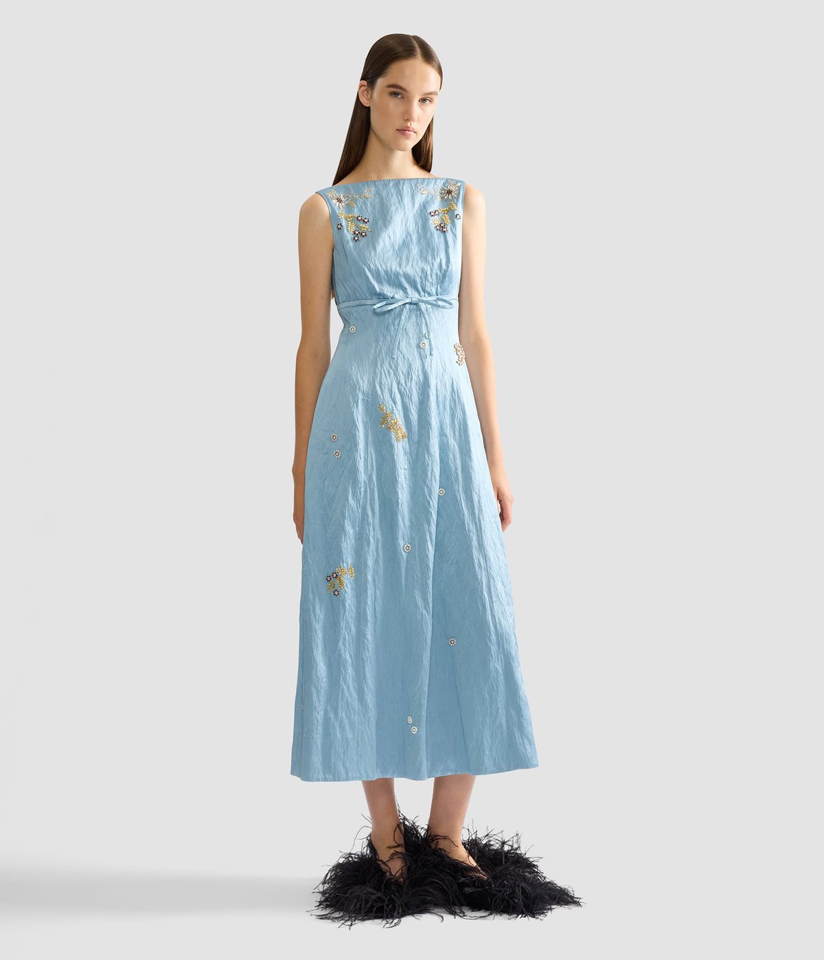 Embroidered Textured Satin Sleeveless Midi Dress