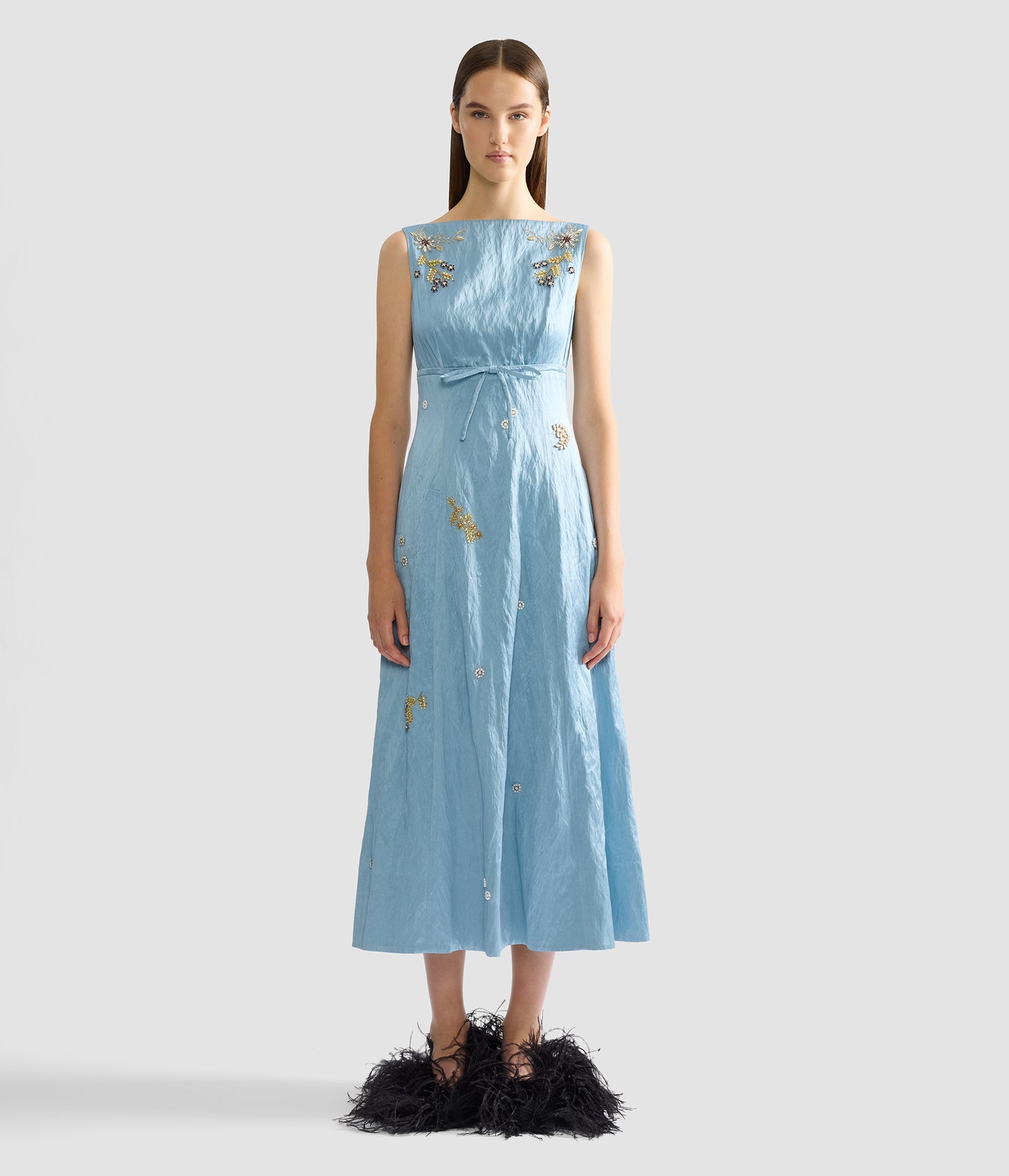 Embroidered Textured Satin Sleeveless Midi Dress