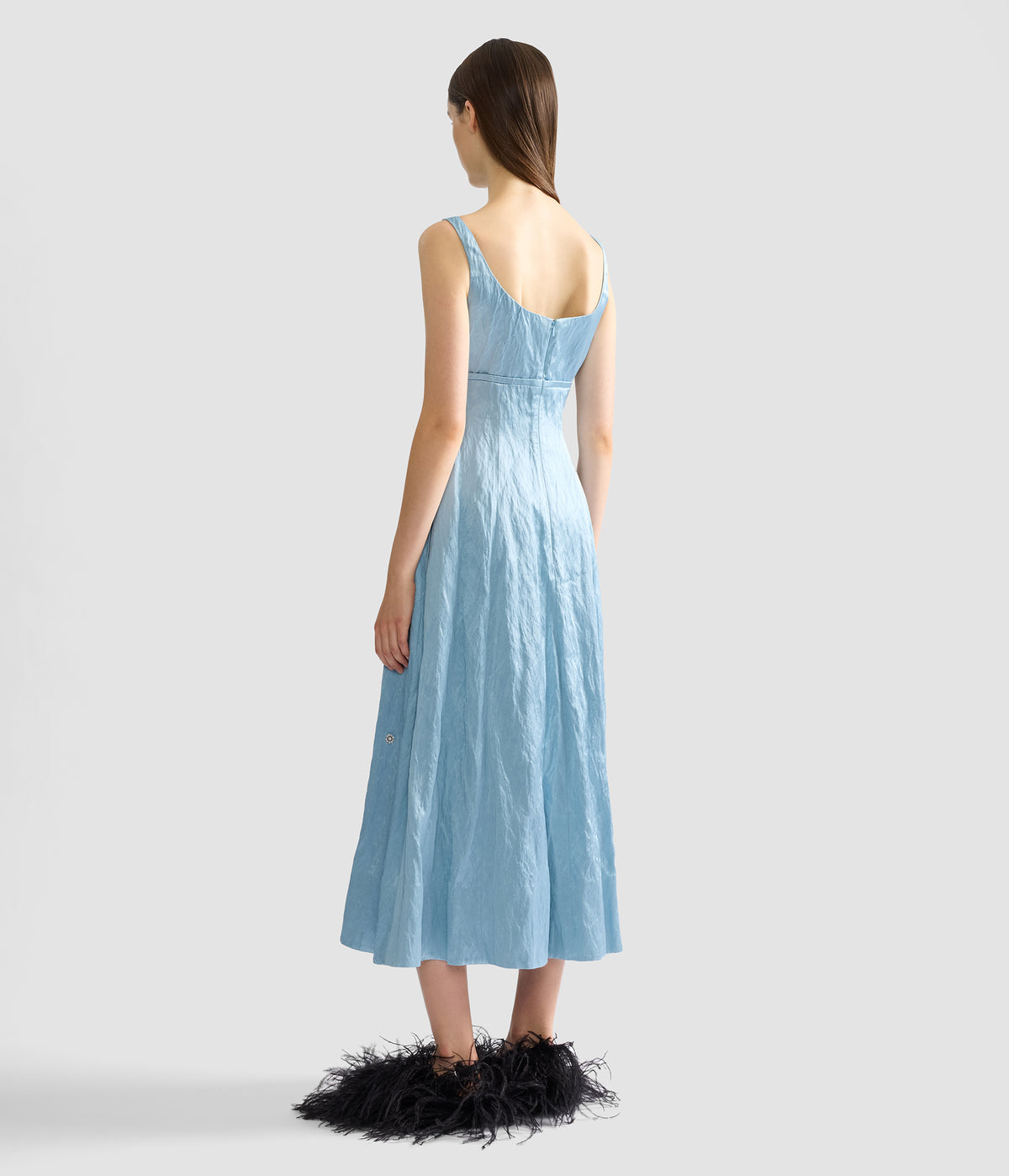 Embroidered Textured Satin Sleeveless Midi Dress