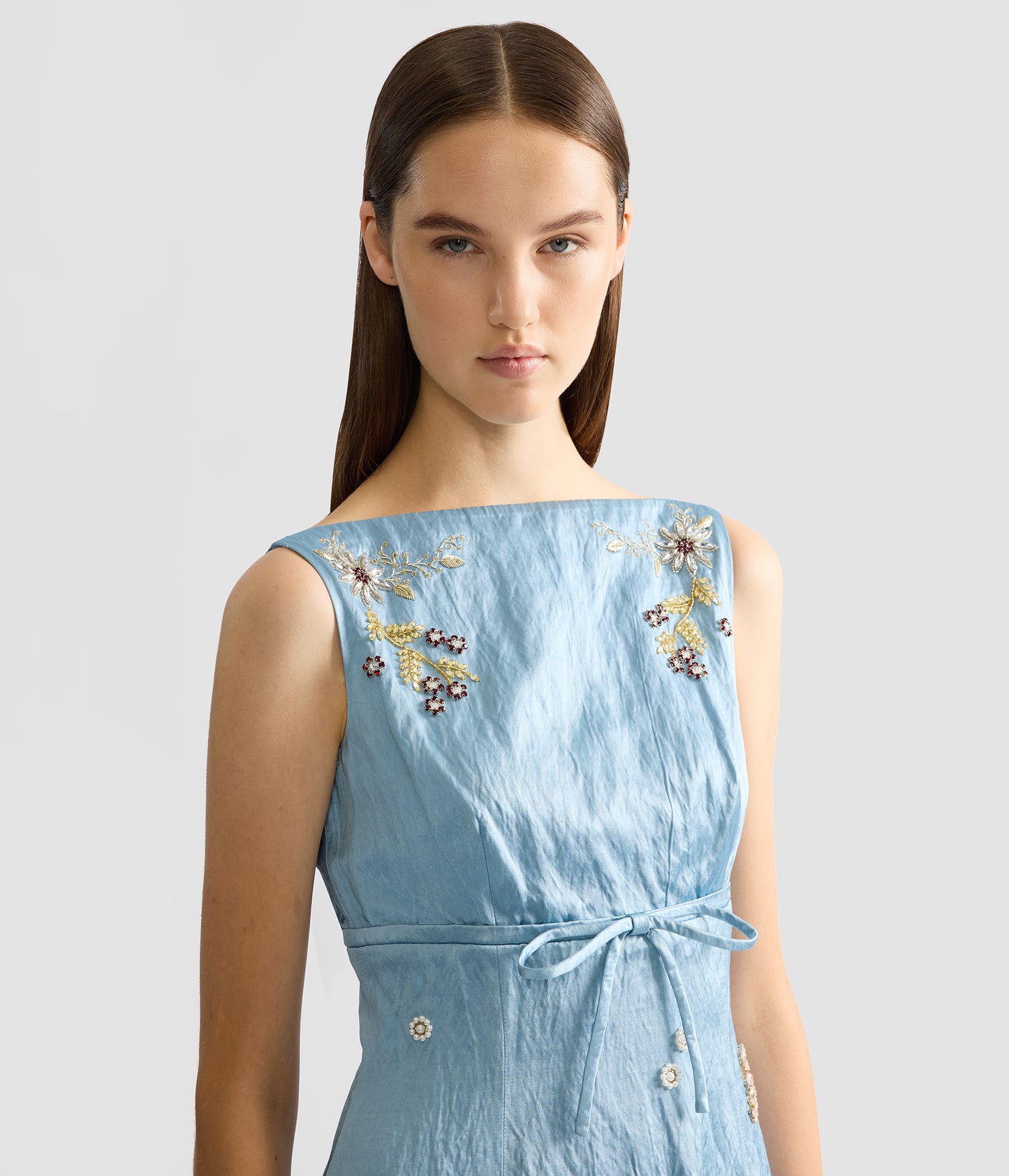 Embroidered Textured Satin Sleeveless Midi Dress