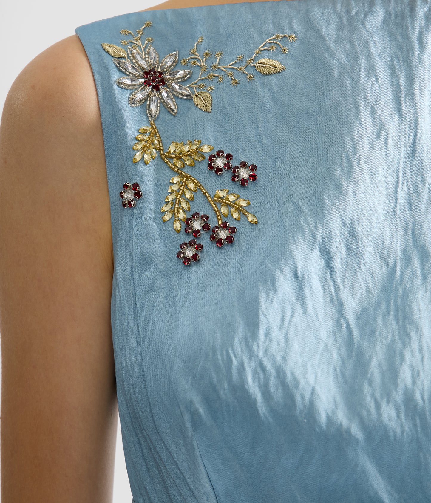Embroidered Textured Satin Sleeveless Midi Dress