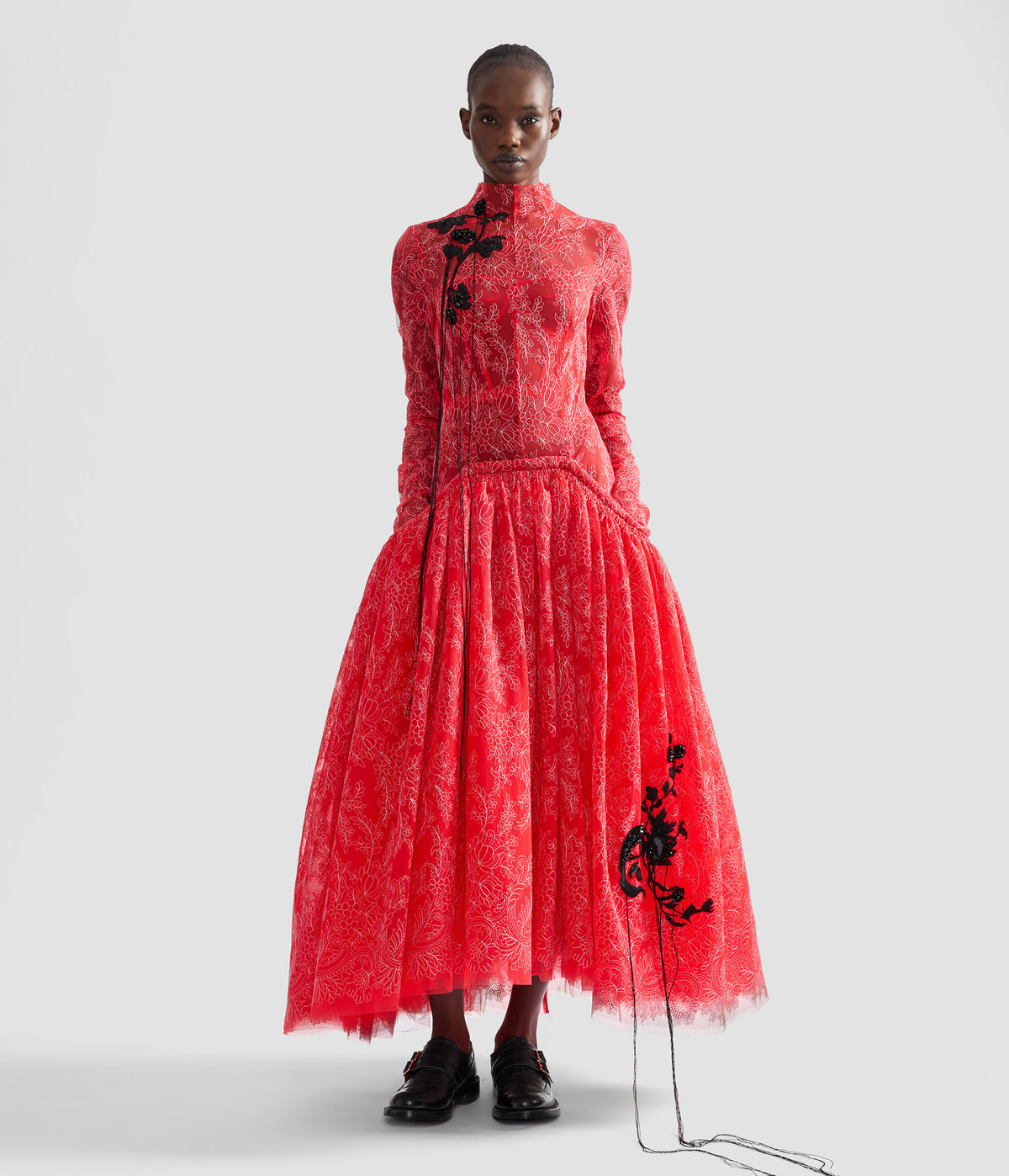 Floral Lace Tulle Long Sleeve Midi Dress