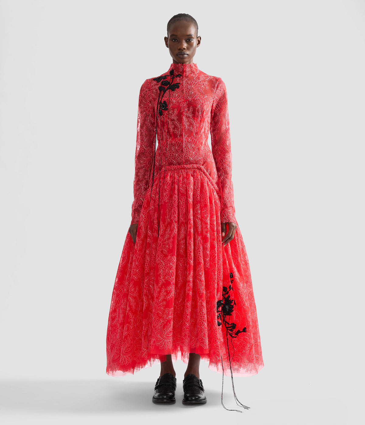 Floral Lace Tulle Long Sleeve Midi Dress