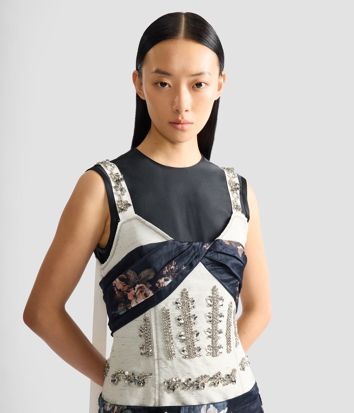 Embroidered Cady Sleeveless Midi Dress